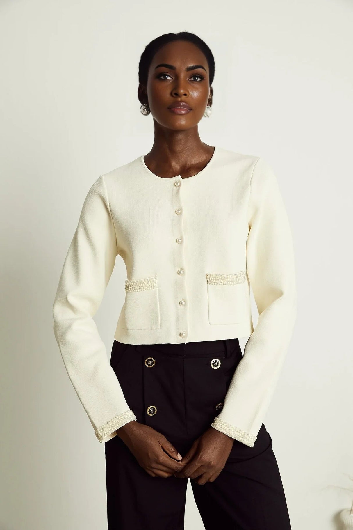 Artemide Cardigan - Faux - Pearl Embellishment - Front Button Fastening - Patch Pockets - Cropped