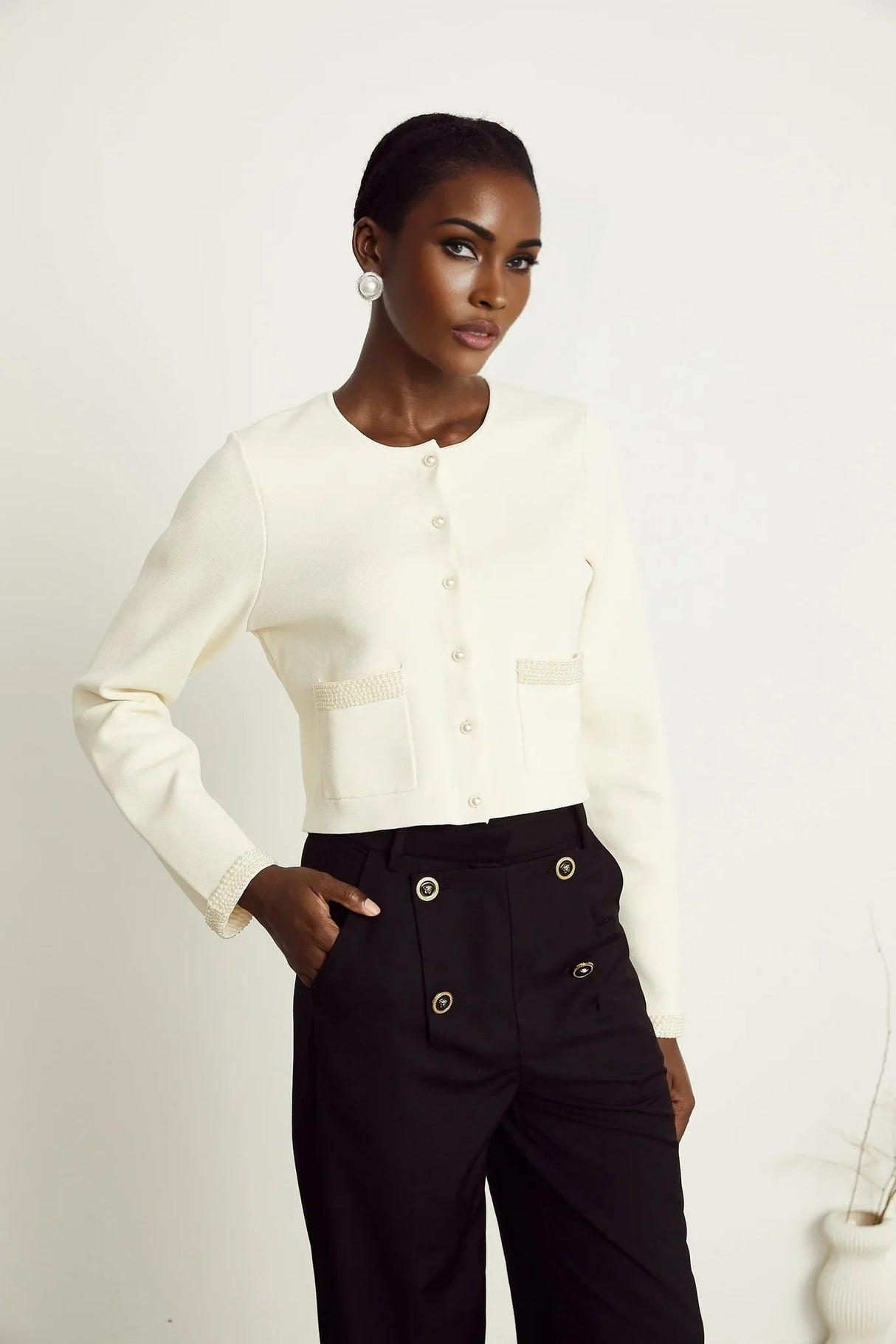 Artemide Cardigan - Faux - Pearl Embellishment - Front Button Fastening - Patch Pockets - Cropped