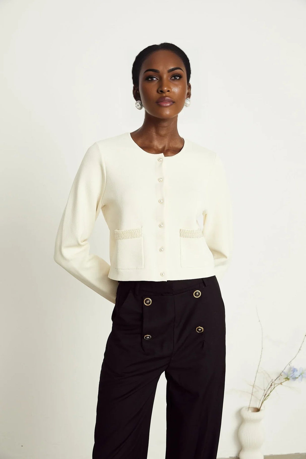 Artemide Cardigan - Faux - Pearl Embellishment - Front Button Fastening - Patch Pockets - Cropped