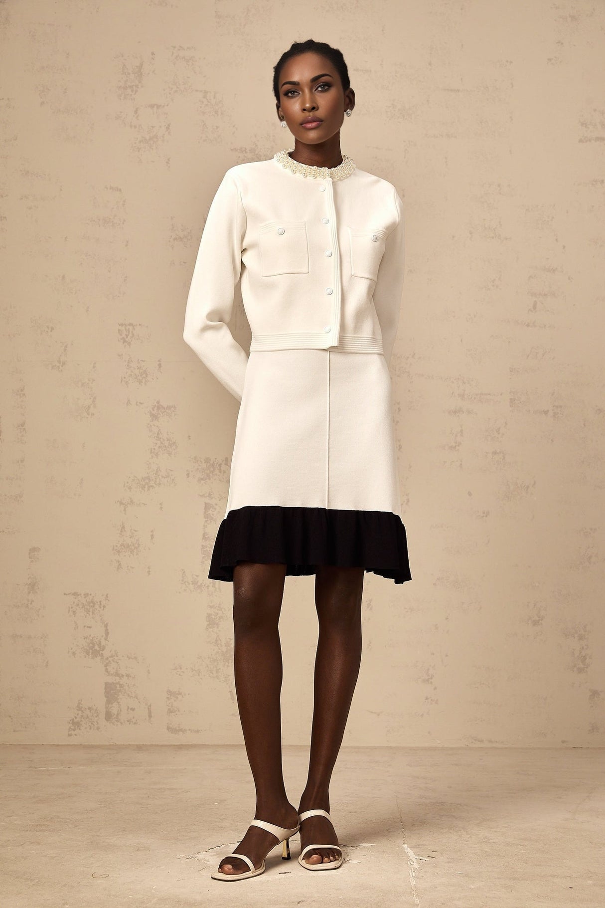 Artemide Cardigan - Round Neck - Long Sleeves - Knitted Construction - Faux - Pearl Embellishment - Button Fastening