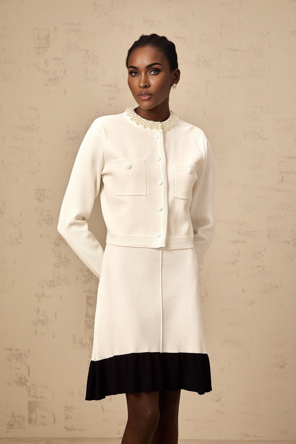 Artemide Cardigan - Round Neck - Long Sleeves - Knitted Construction - Faux - Pearl Embellishment - Button Fastening