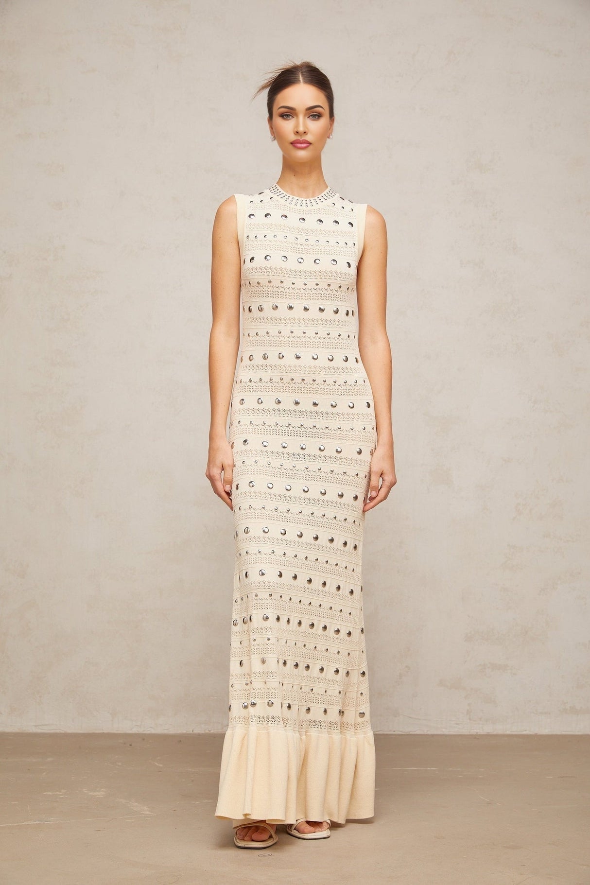 Artemide Maxi Dress – Crochet Knit – Stud Embellishment – Ruffled Hem