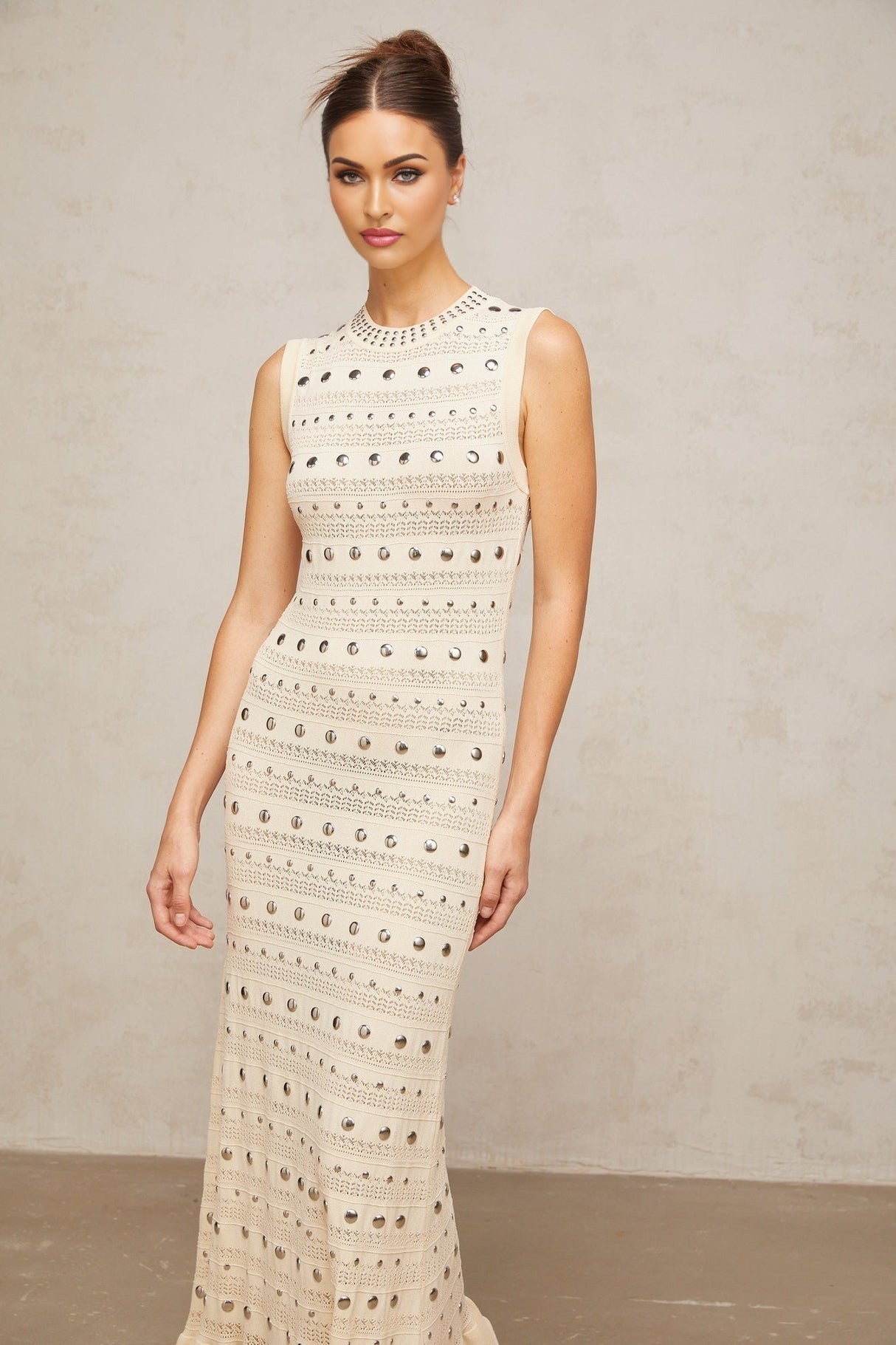 Artemide Maxi Dress – Crochet Knit – Stud Embellishment – Ruffled Hem