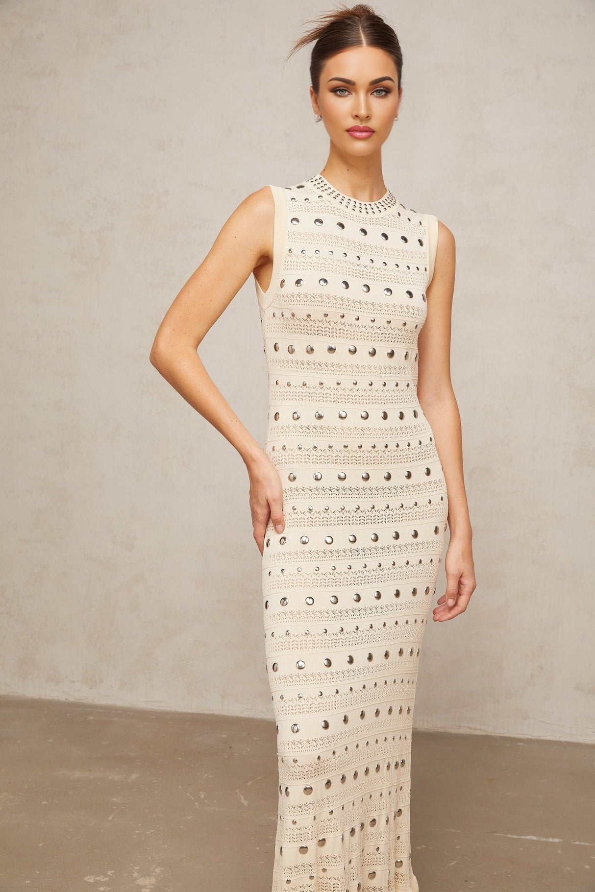 Artemide Maxi Dress – Crochet Knit – Stud Embellishment – Ruffled Hem