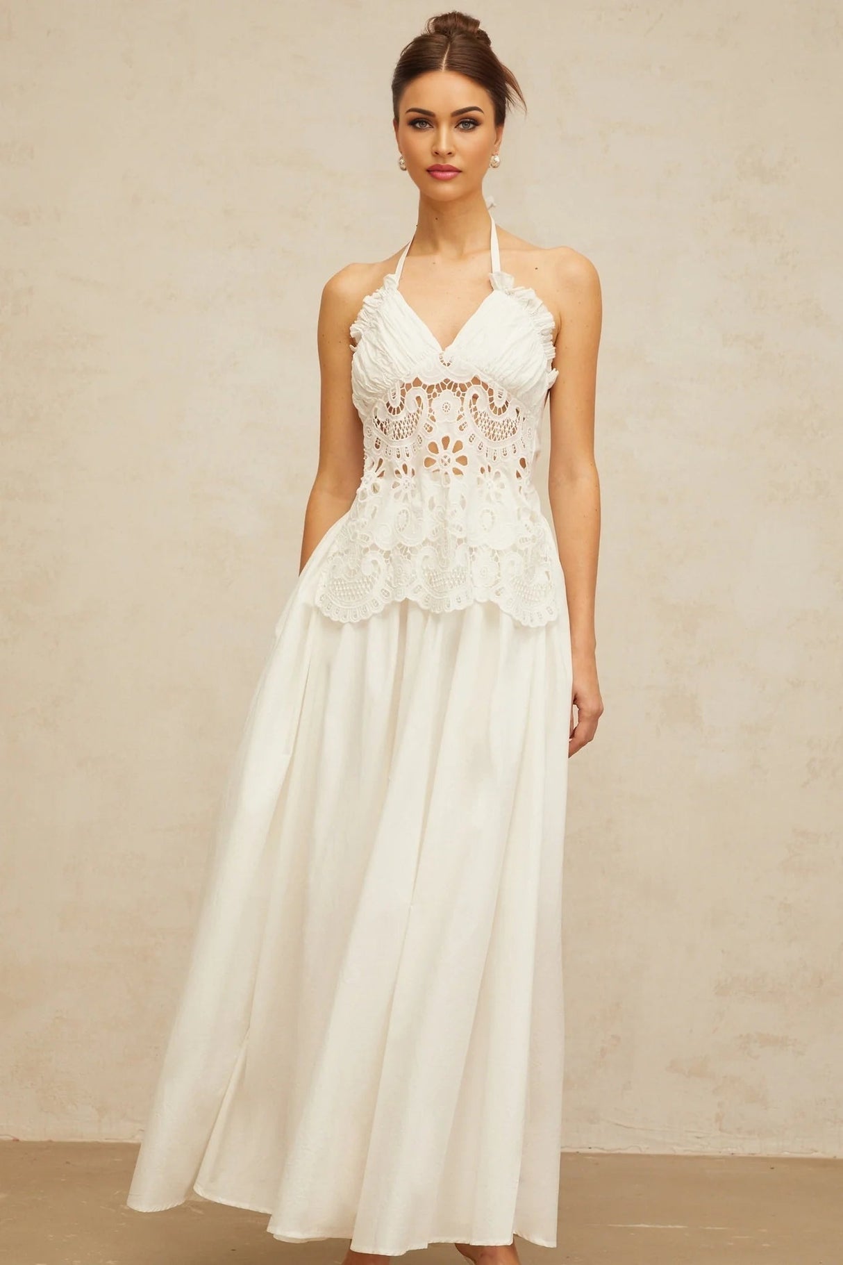 Artemide Maxi Dress White Floral Embroidered Cut - Out & Open Back