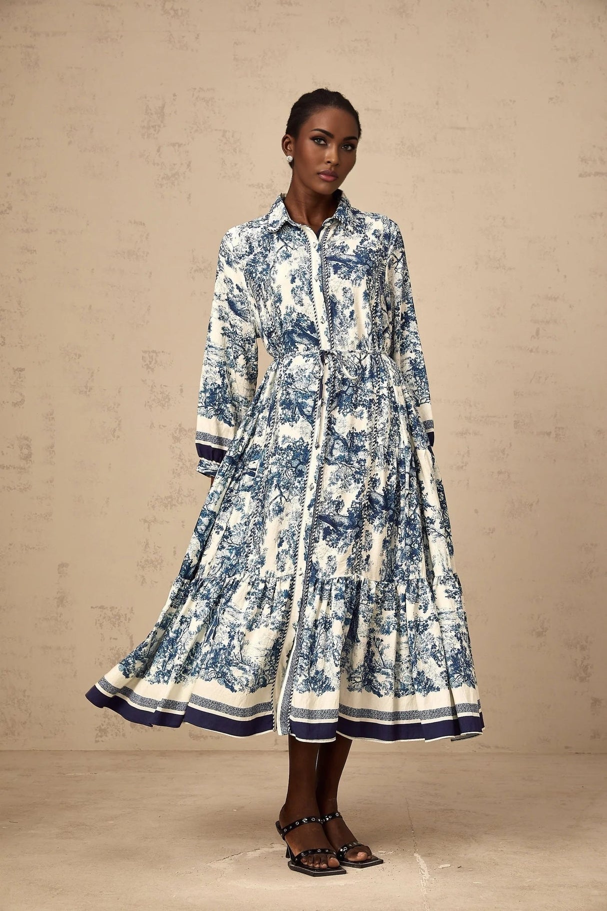 Artemide Midi Dress Blue & White Graphic Print Tie - Waist Pleats