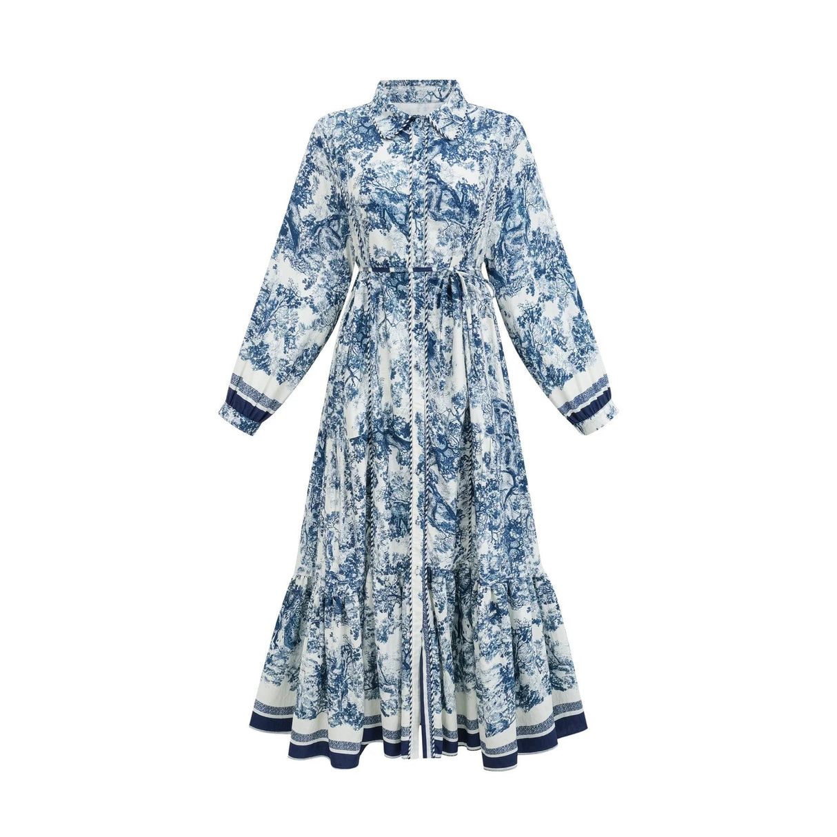 Artemide Midi Dress Blue & White Graphic Print Tie - Waist Pleats