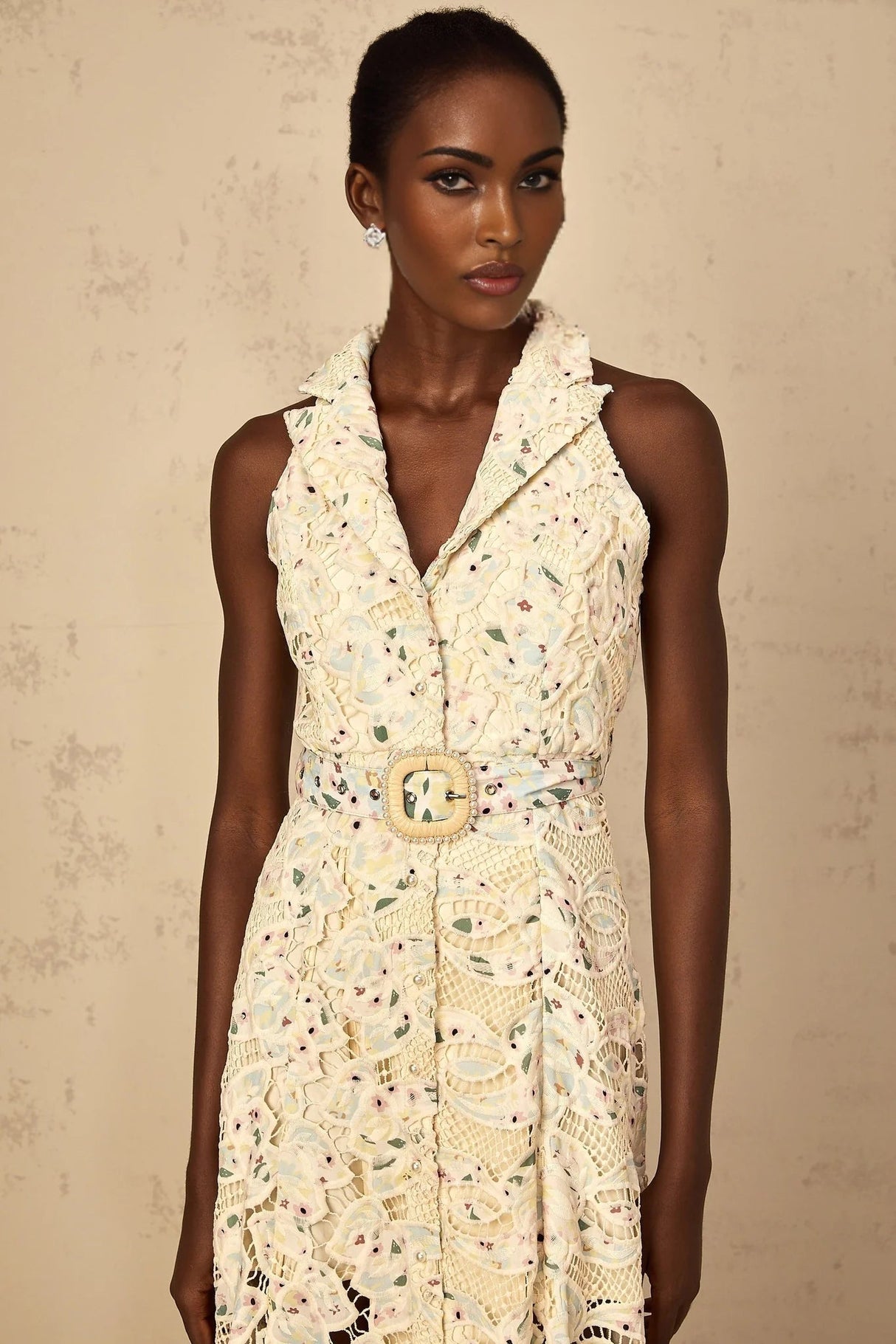 Artemide Midi Dress Floral Embroidered Cut - Out & Belted Waist