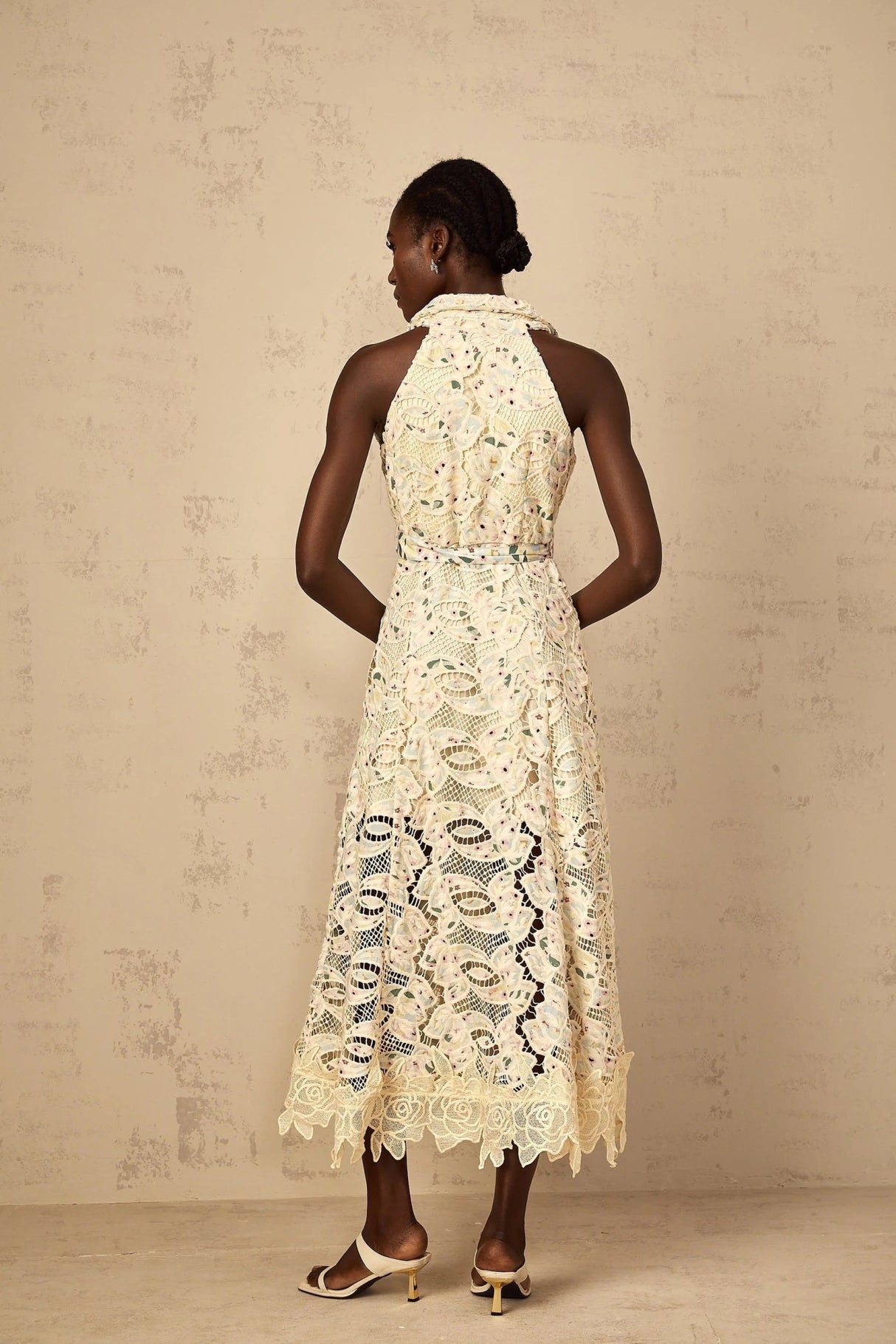 Artemide Midi Dress Floral Embroidered Cut - Out & Belted Waist