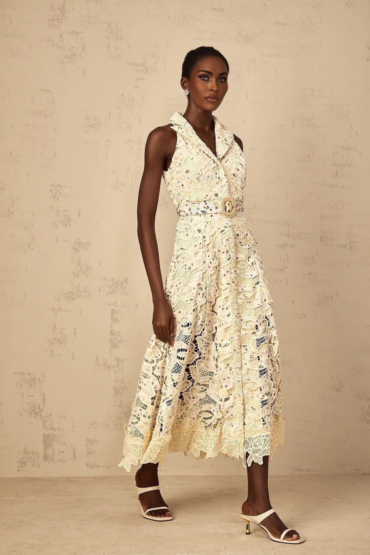 Artemide Midi Dress Floral Embroidered Cut - Out & Belted Waist