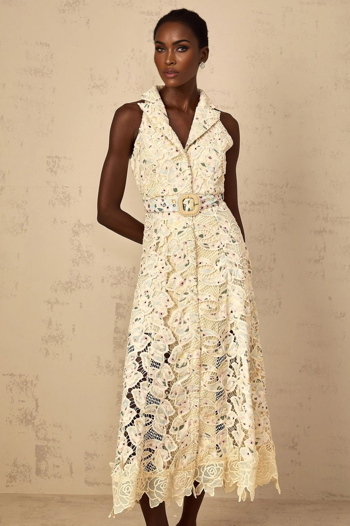 Artemide Midi Dress Floral Embroidered Cut - Out & Belted Waist