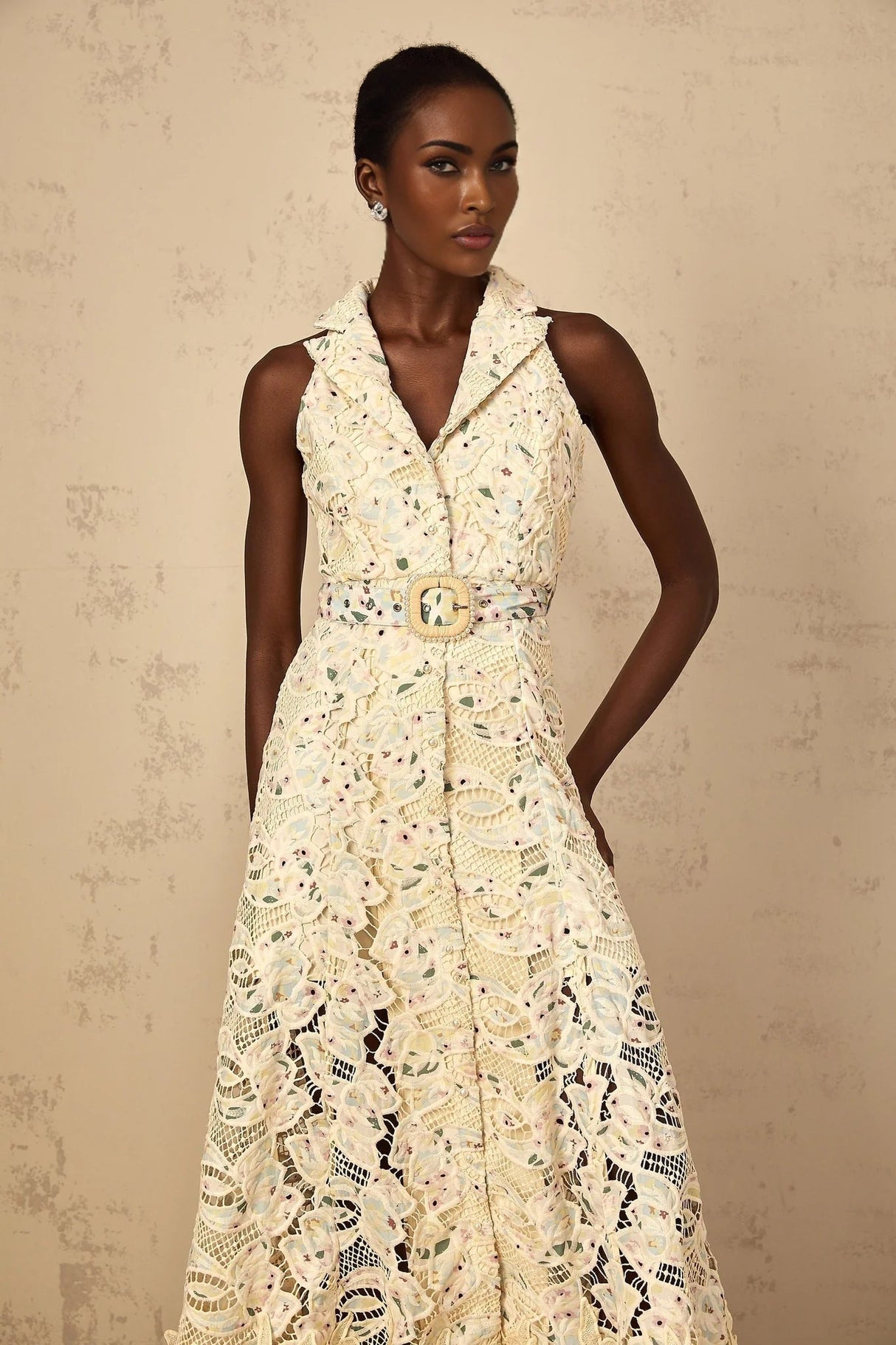 Artemide Midi Dress Floral Embroidered Cut - Out & Belted Waist