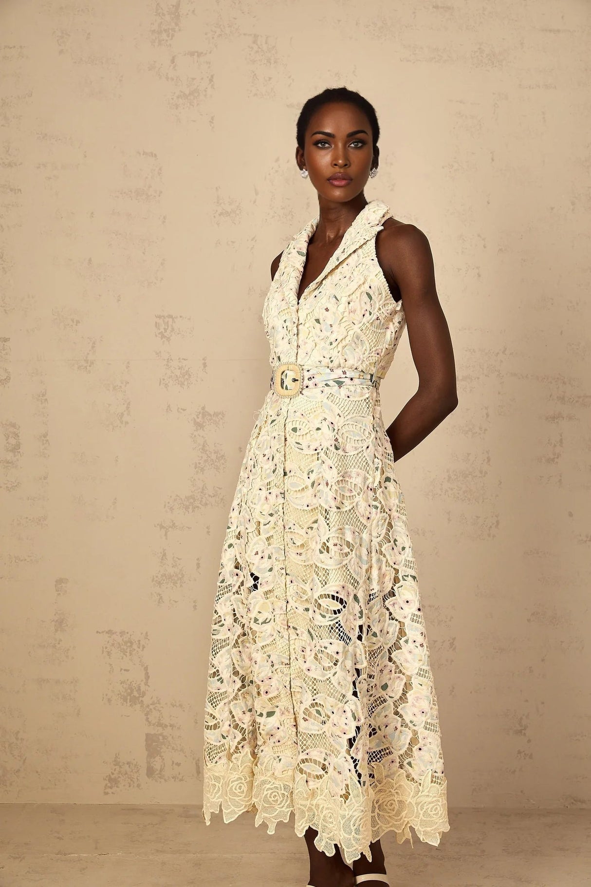 Artemide Midi Dress Floral Embroidered Cut - Out & Belted Waist