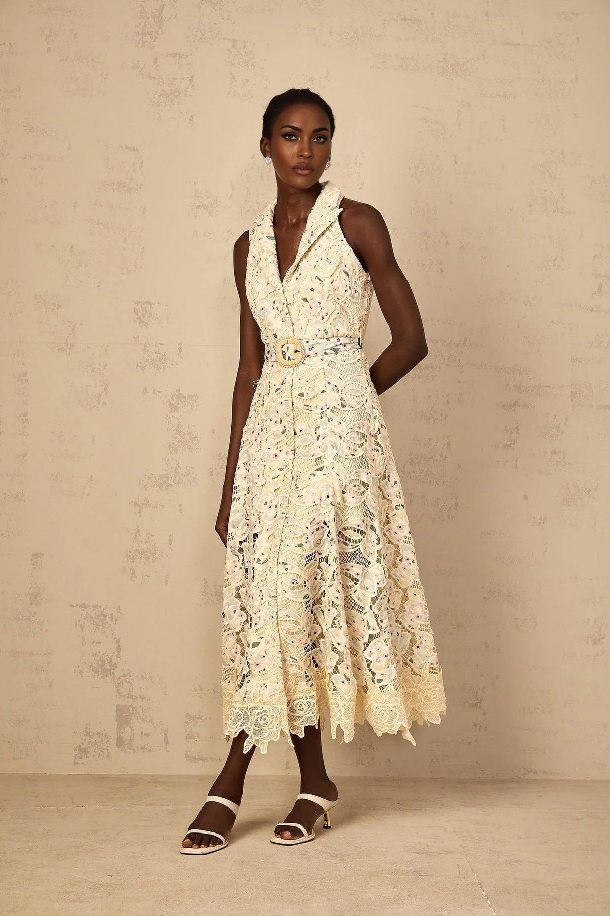 Artemide Midi Dress Floral Embroidered Cut - Out & Belted Waist