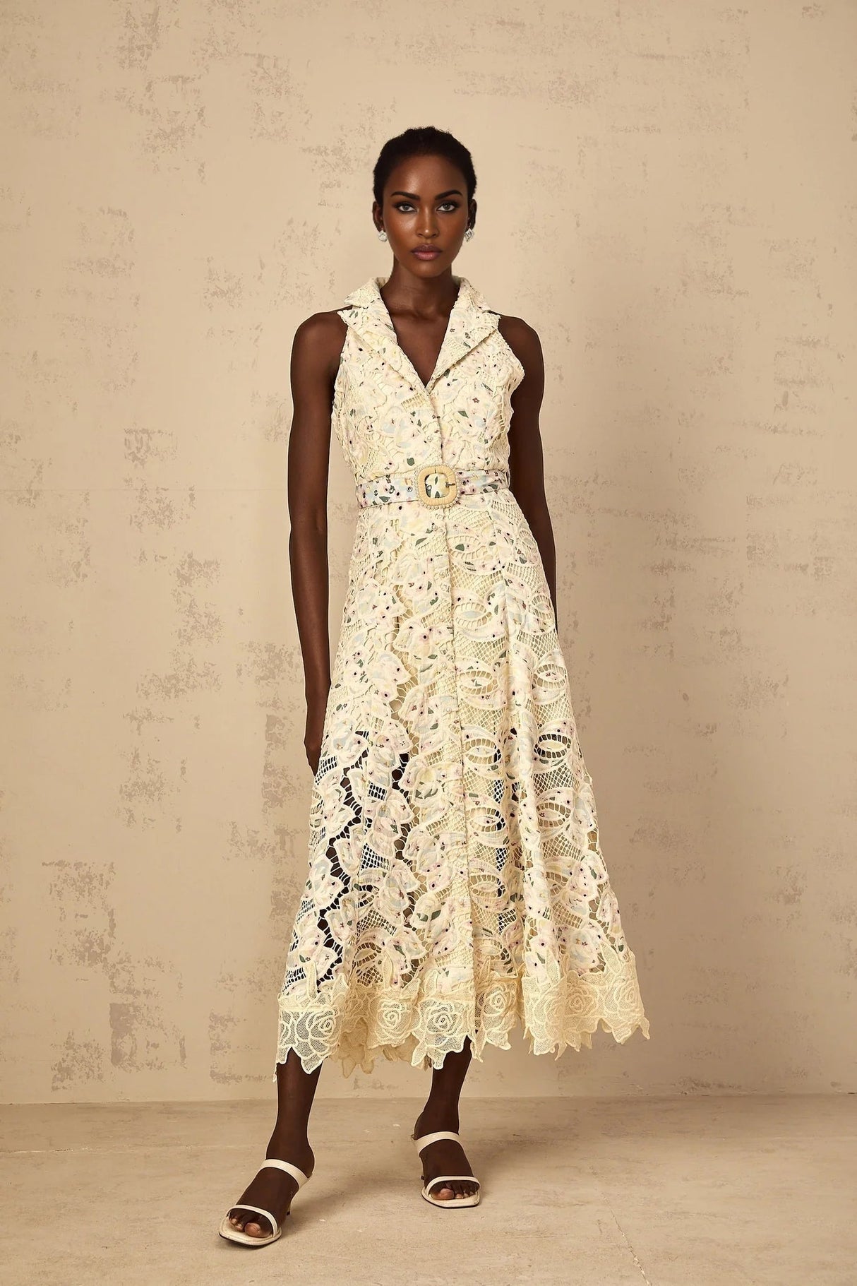 Artemide Midi Dress Floral Embroidered Cut - Out & Belted Waist