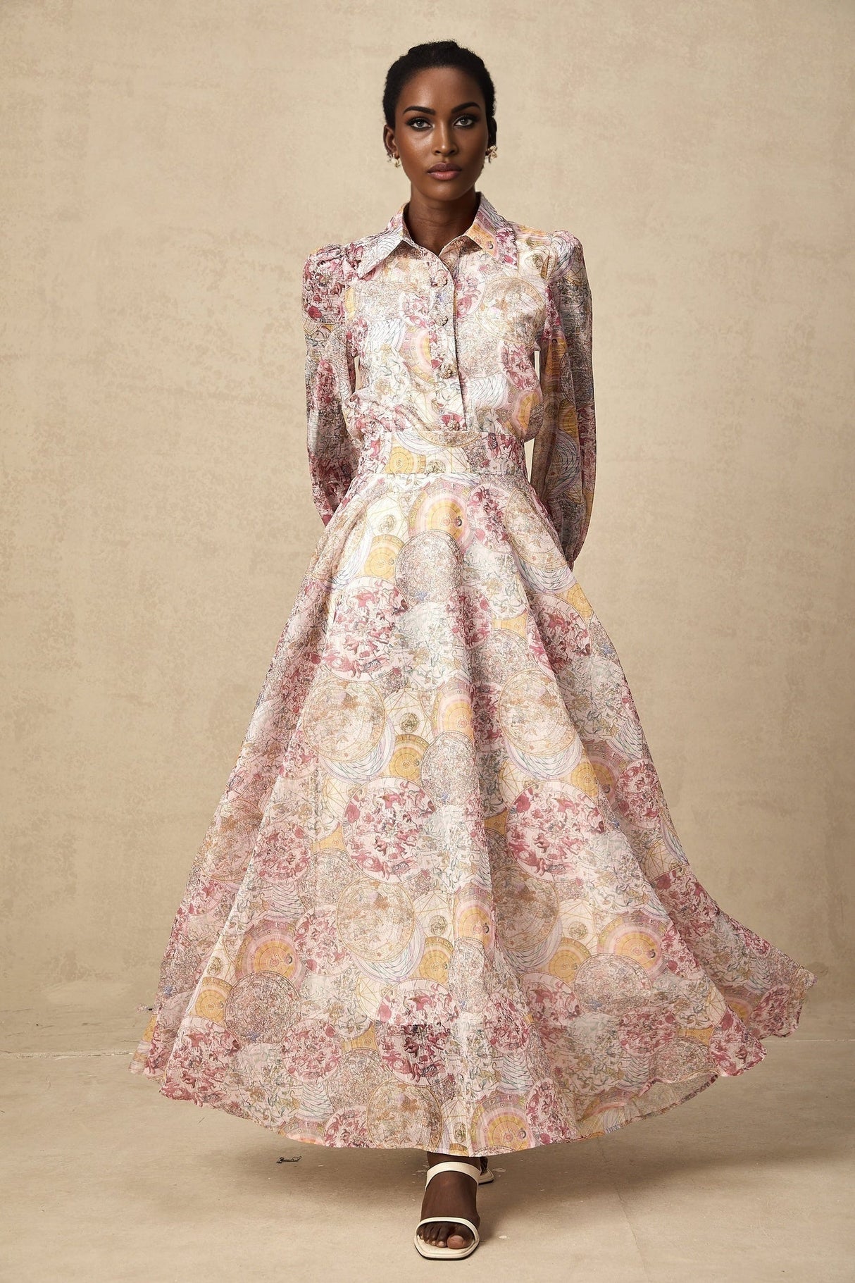 Artemide Shirt & Skirt - Semi - Sheer Construction - Pattern - Long Cuff Sleeves - Side Slip Pocket