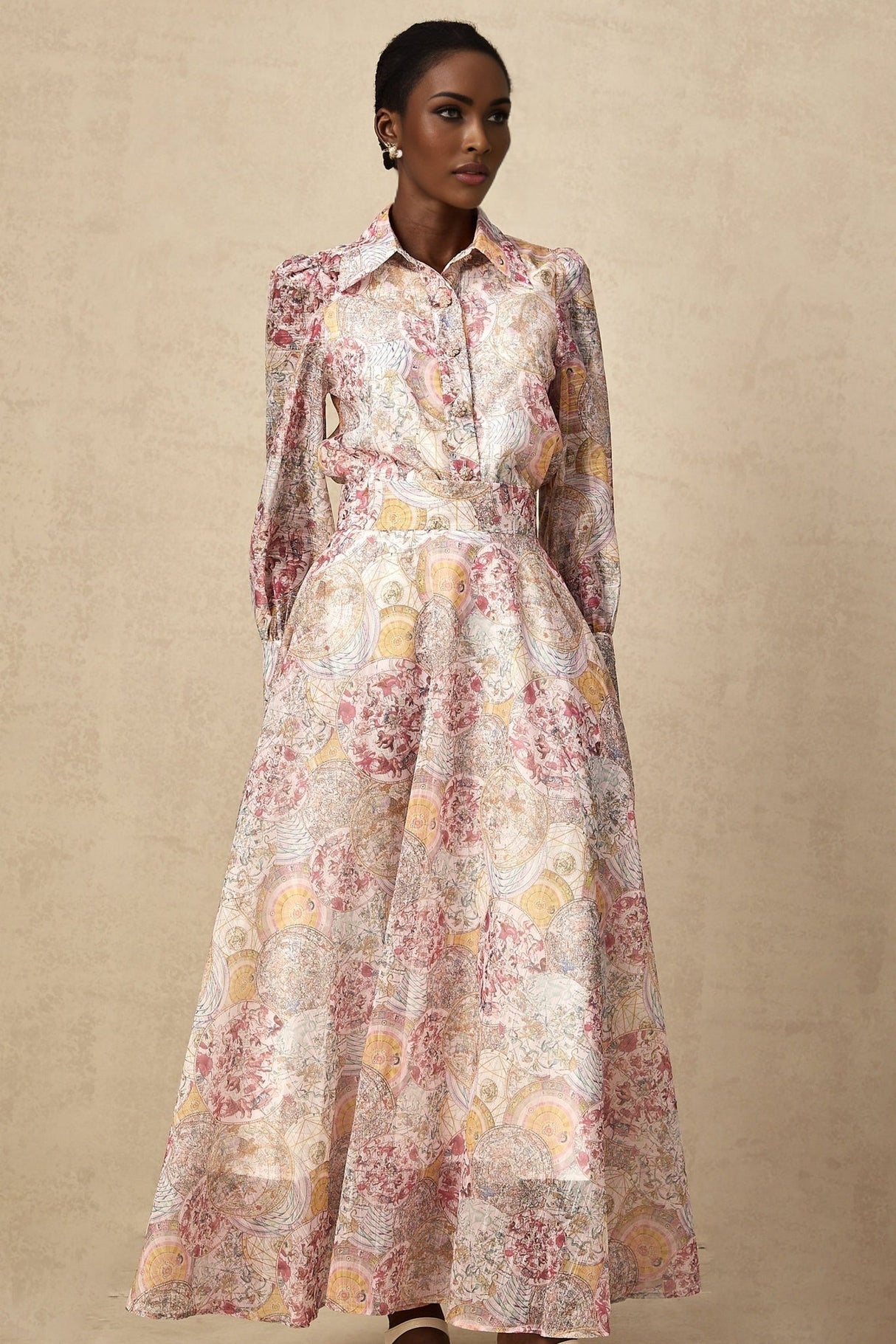 Artemide Shirt & Skirt - Semi - Sheer Construction - Pattern - Long Cuff Sleeves - Side Slip Pocket