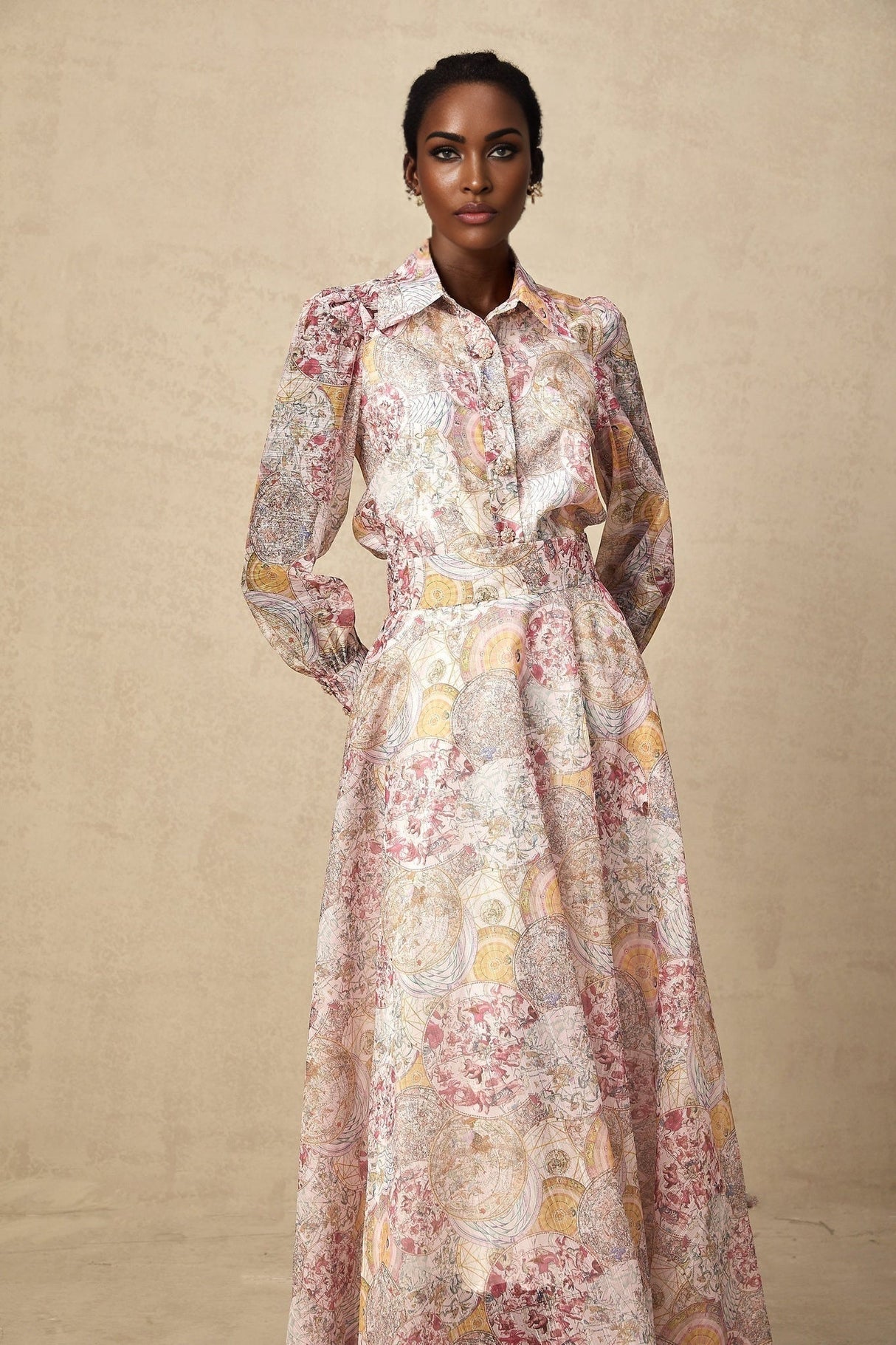 Artemide Shirt & Skirt - Semi - Sheer Construction - Pattern - Long Cuff Sleeves - Side Slip Pocket