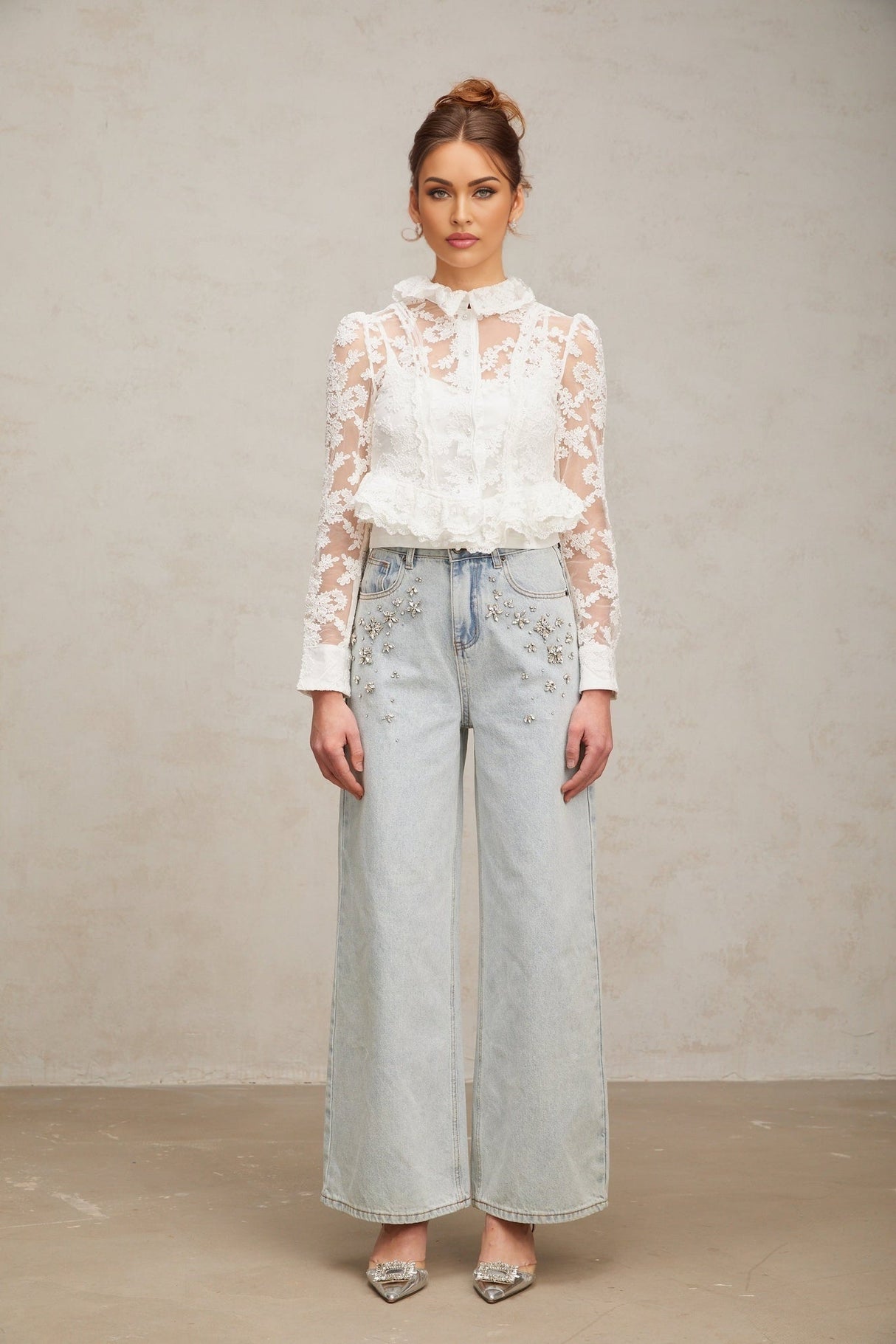 Artemisia Blouse - Lapel Collar - Floral Lace Overlay - Ruffled Detailing - Faux - Pearl Embellishment