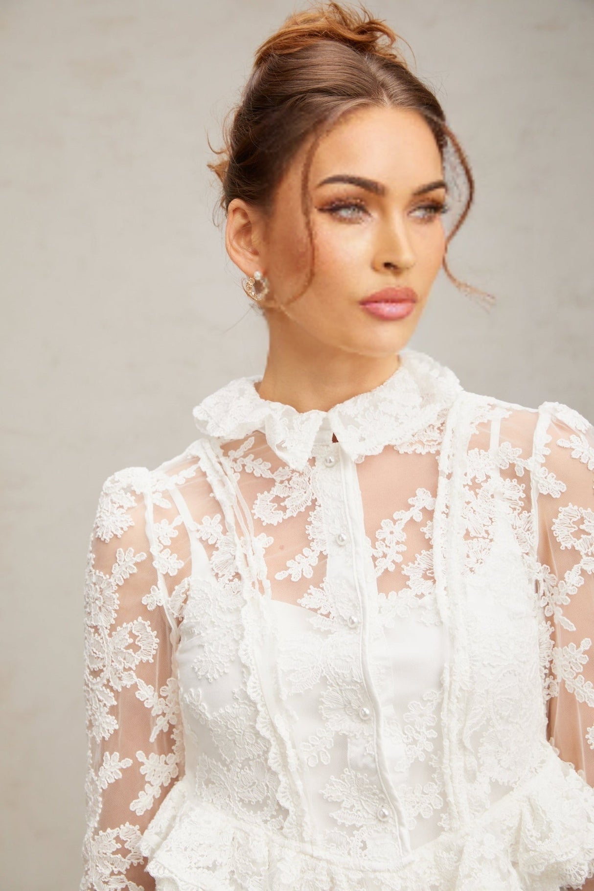 Artemisia Blouse - Lapel Collar - Floral Lace Overlay - Ruffled Detailing - Faux - Pearl Embellishment