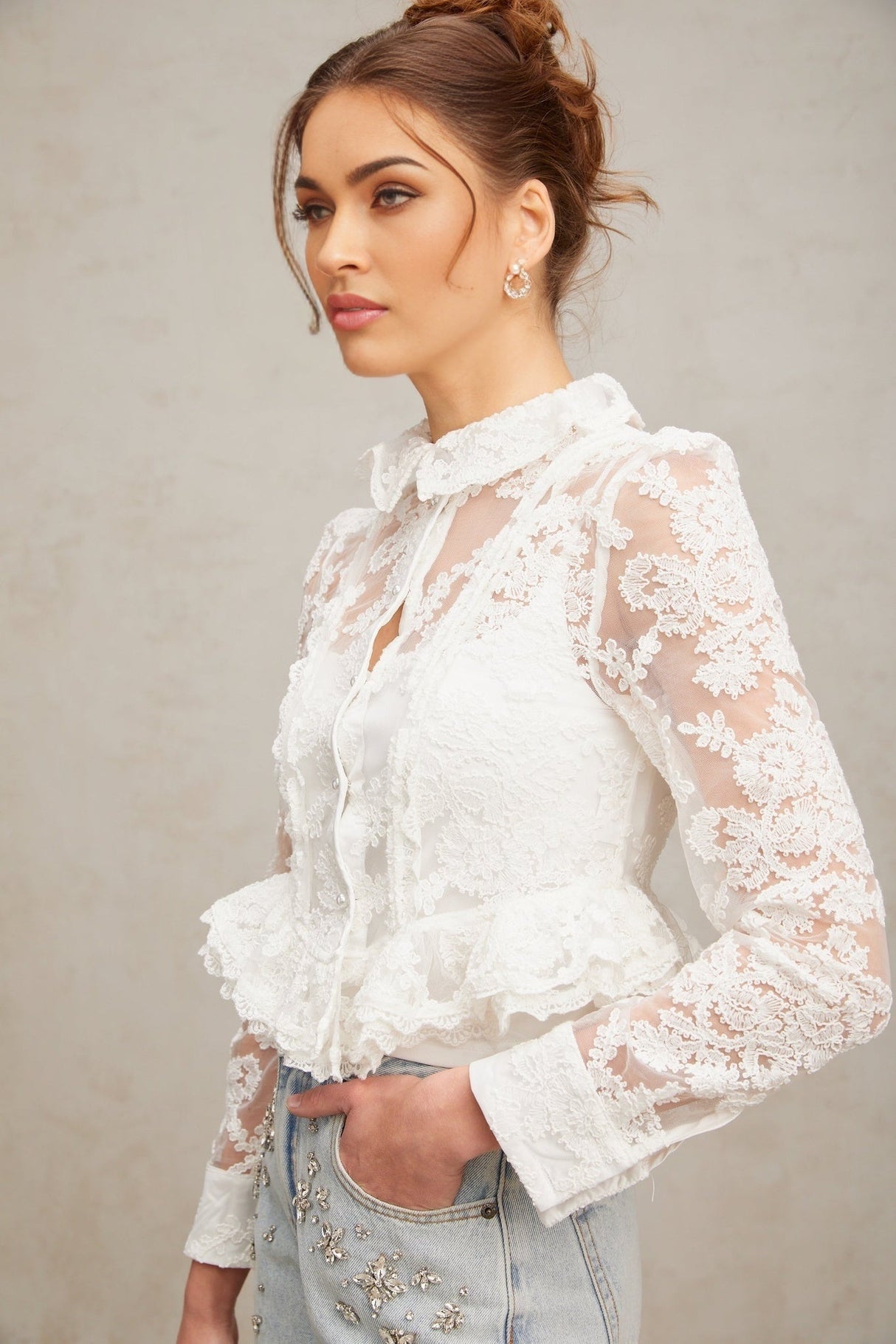 Artemisia Blouse - Lapel Collar - Floral Lace Overlay - Ruffled Detailing - Faux - Pearl Embellishment