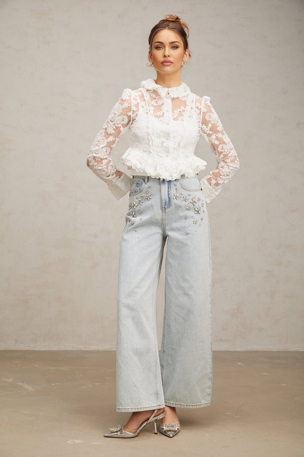 Artemisia Blouse - Lapel Collar - Floral Lace Overlay - Ruffled Detailing - Faux - Pearl Embellishment