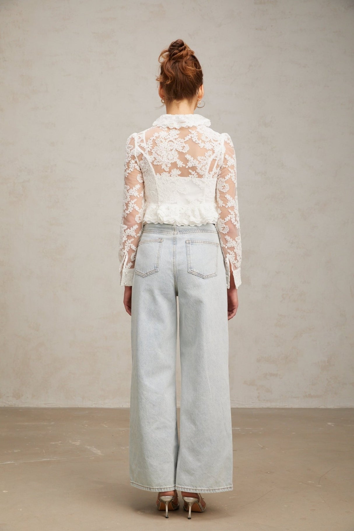 Artemisia Blouse - Lapel Collar - Floral Lace Overlay - Ruffled Detailing - Faux - Pearl Embellishment