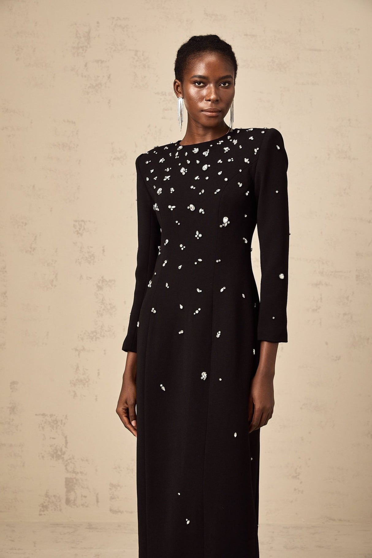 Ashley Maxi Dress - Long Sleeves - Shoulder Pads - Crystal Embellishments - Rear Slit