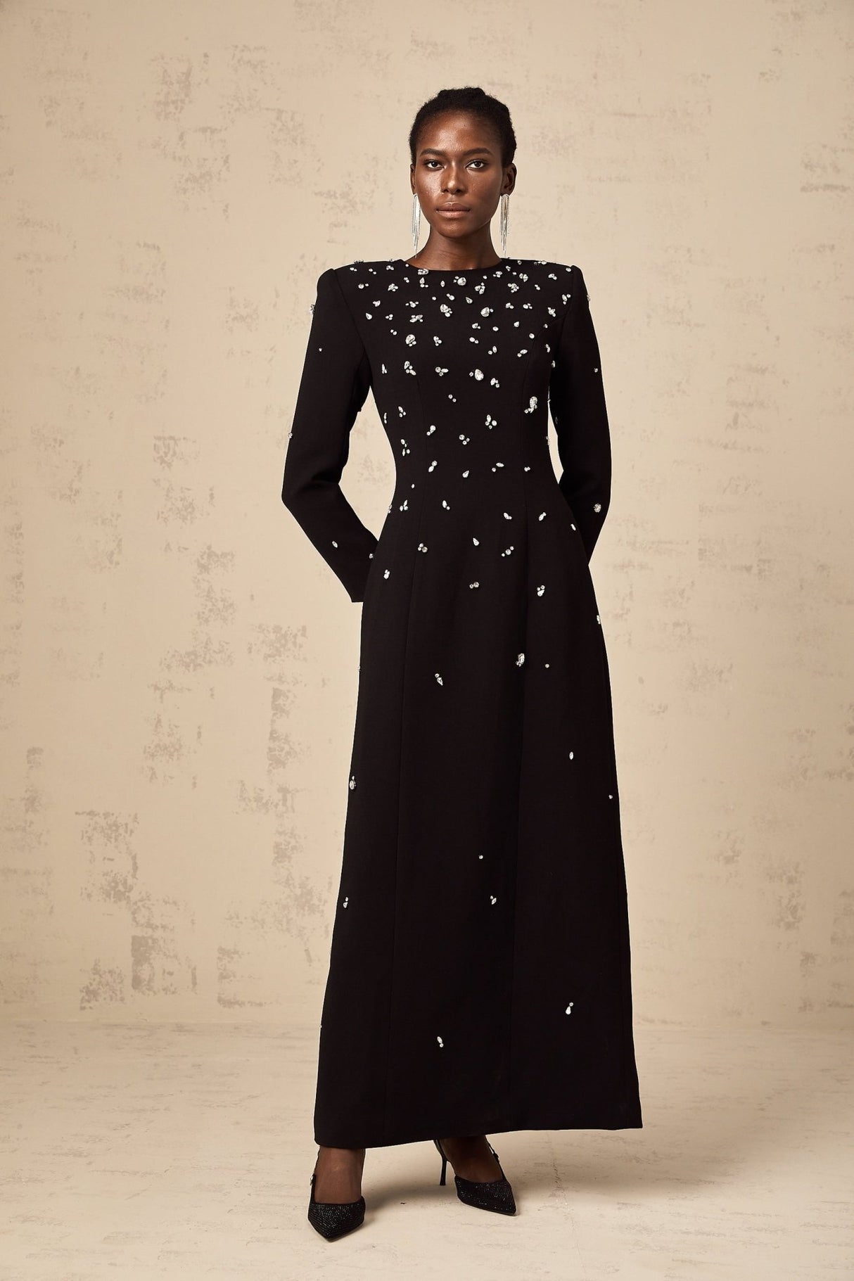 Ashley Maxi Dress - Long Sleeves - Shoulder Pads - Crystal Embellishments - Rear Slit