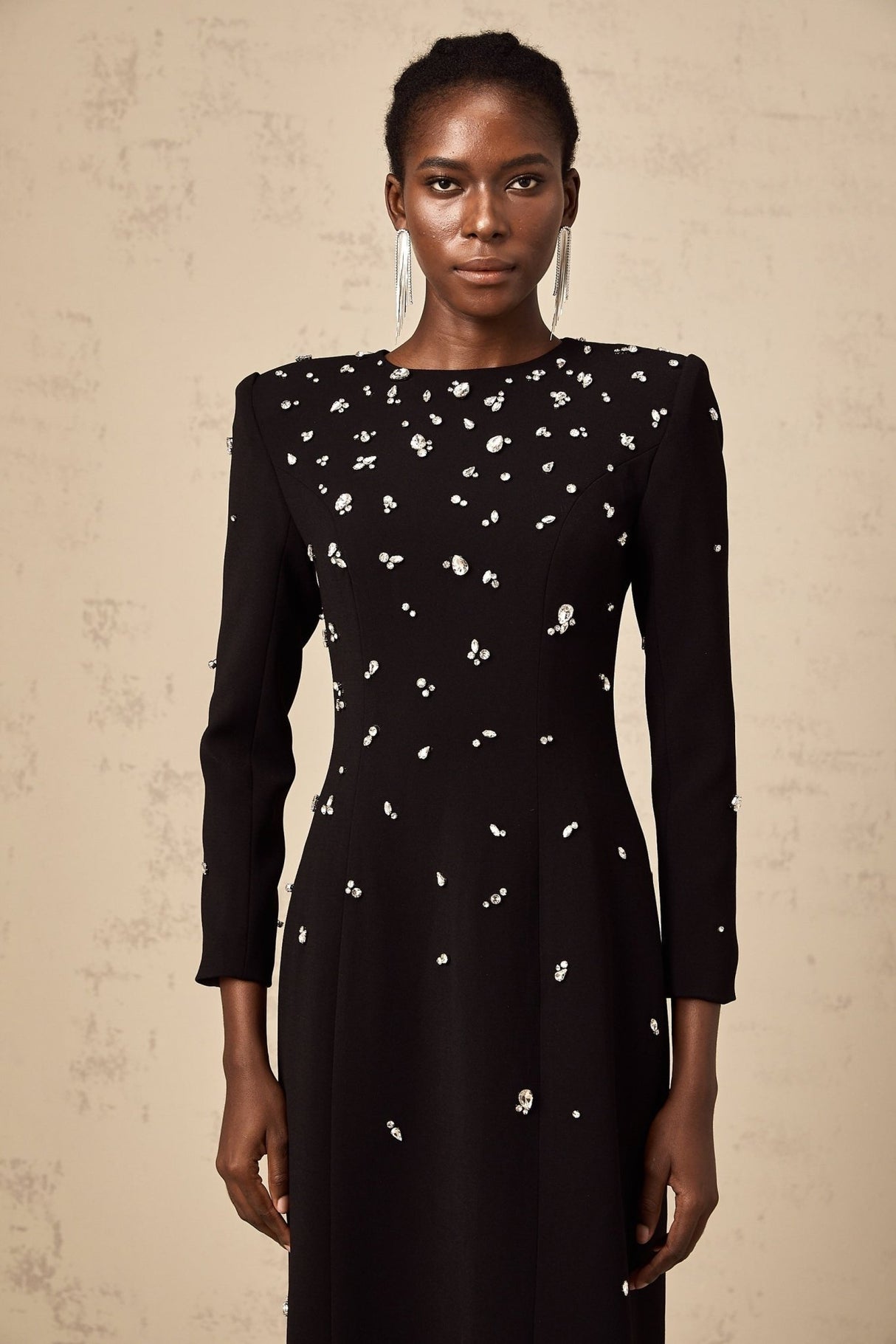 Ashley Maxi Dress - Long Sleeves - Shoulder Pads - Crystal Embellishments - Rear Slit