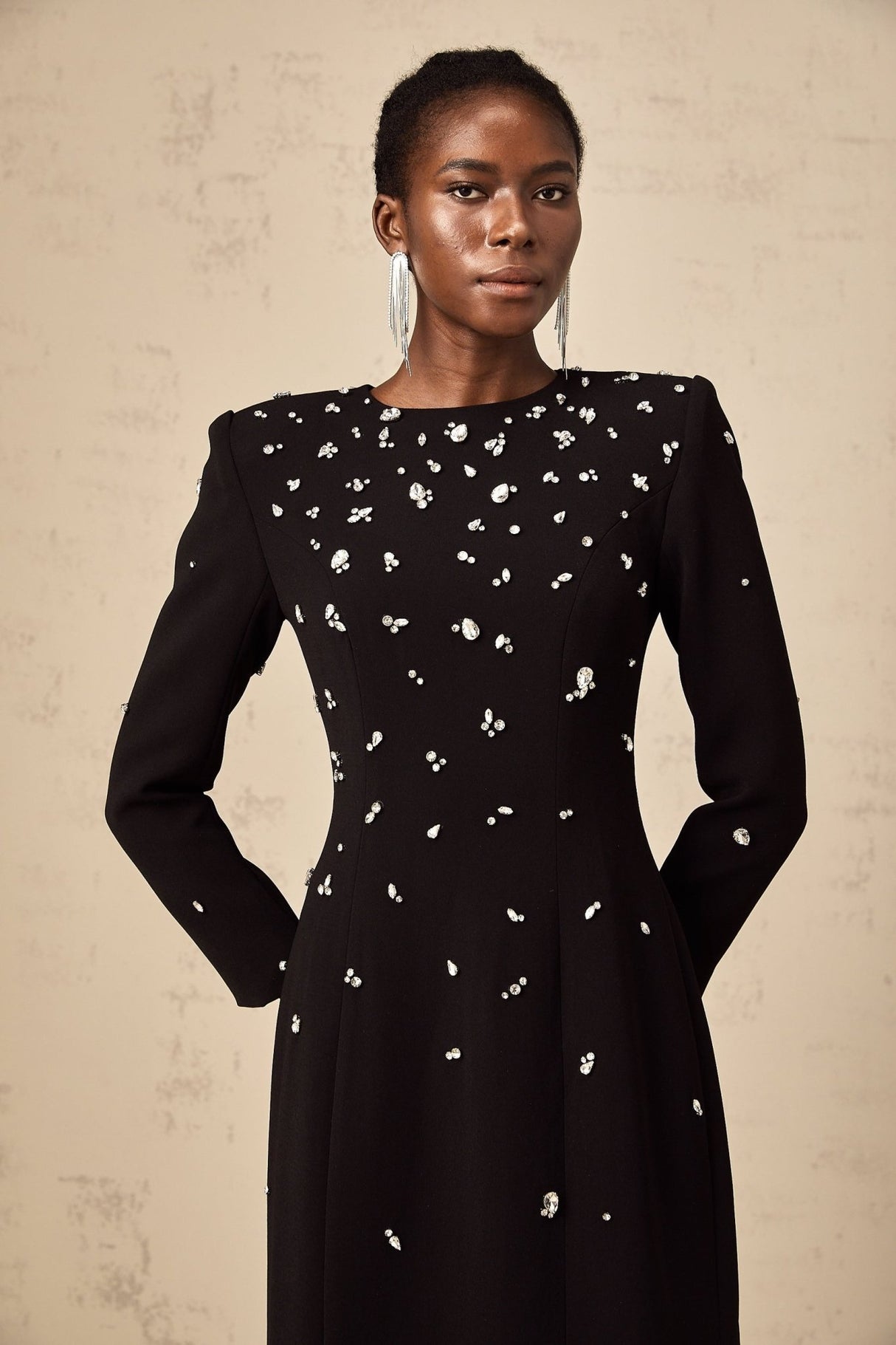 Ashley Maxi Dress - Long Sleeves - Shoulder Pads - Crystal Embellishments - Rear Slit