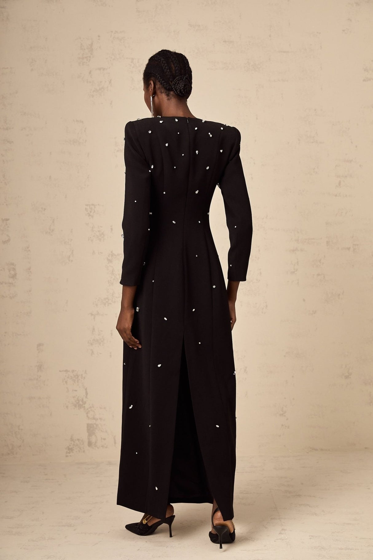 Ashley Maxi Dress - Long Sleeves - Shoulder Pads - Crystal Embellishments - Rear Slit
