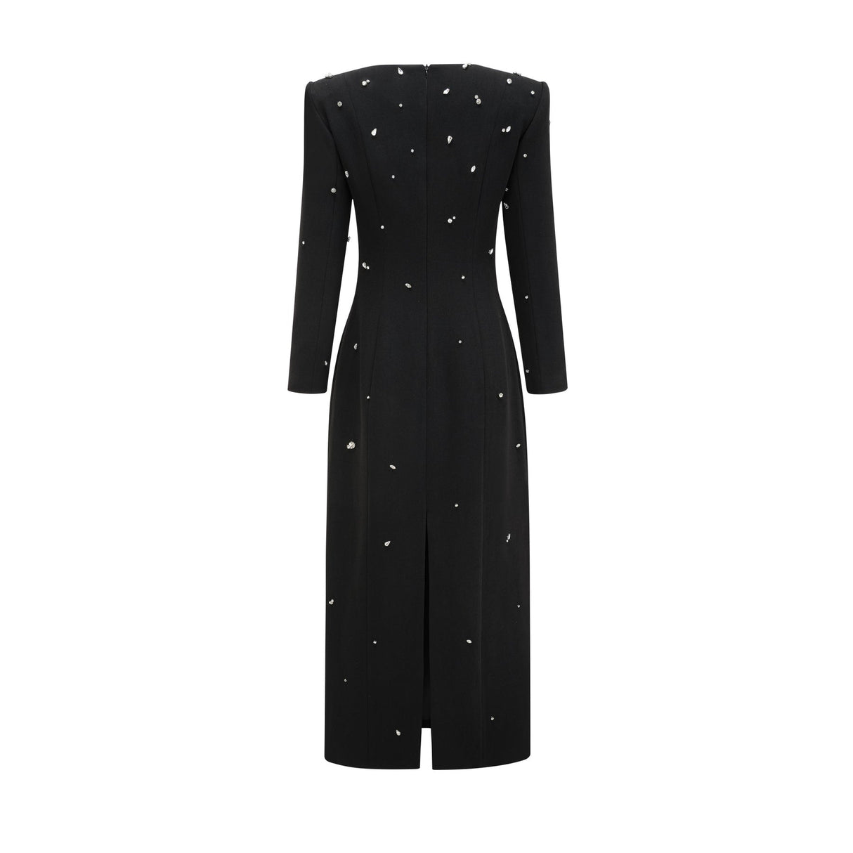 Ashley Maxi Dress - Long Sleeves - Shoulder Pads - Crystal Embellishments - Rear Slit