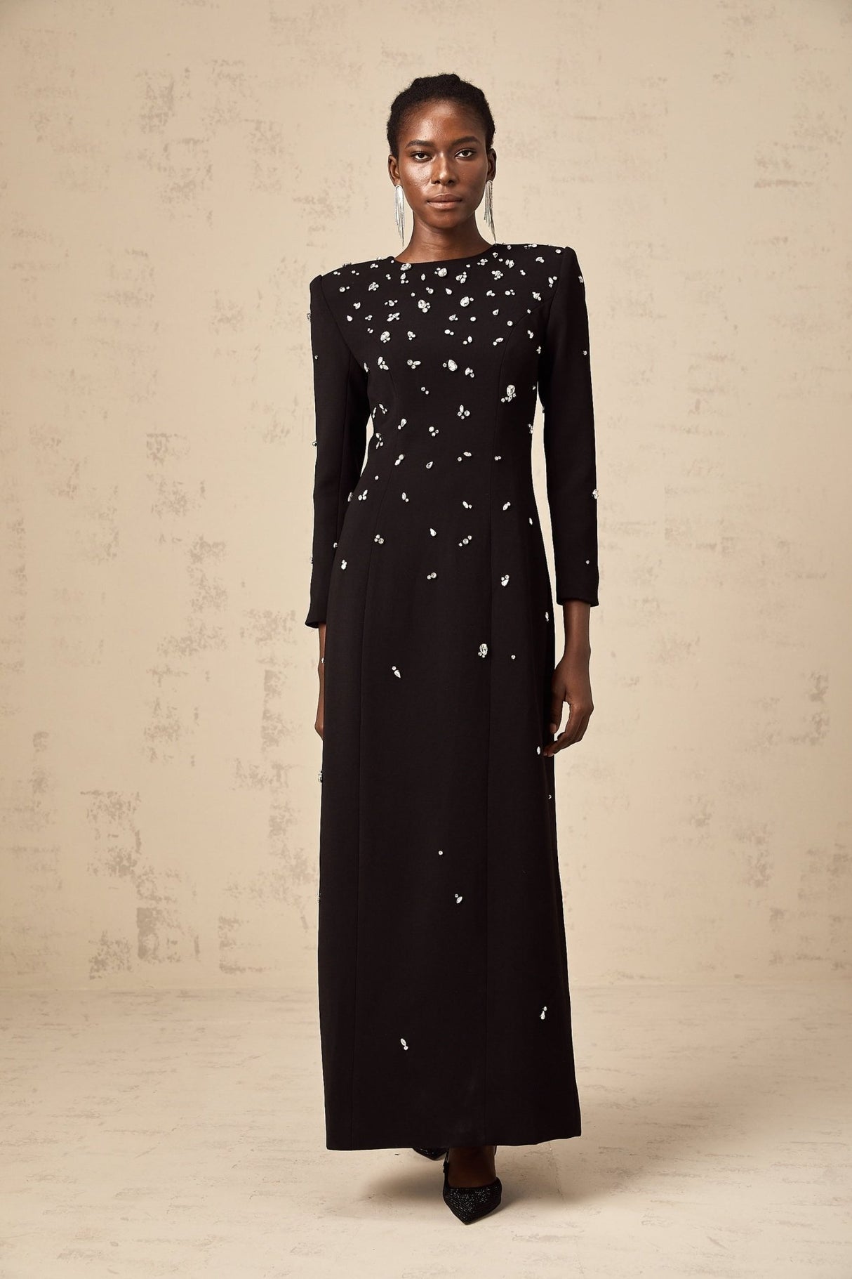 Ashley Maxi Dress - Long Sleeves - Shoulder Pads - Crystal Embellishments - Rear Slit