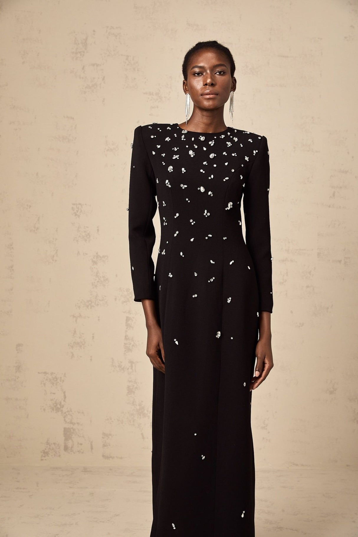 Ashley Maxi Dress - Long Sleeves - Shoulder Pads - Crystal Embellishments - Rear Slit