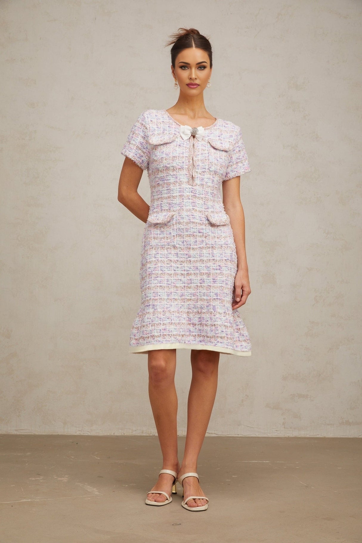 Ashley Midi Dress - Boucl Check Pattern - Crystal Embellishment - Patch Pockets - Flounce Hem