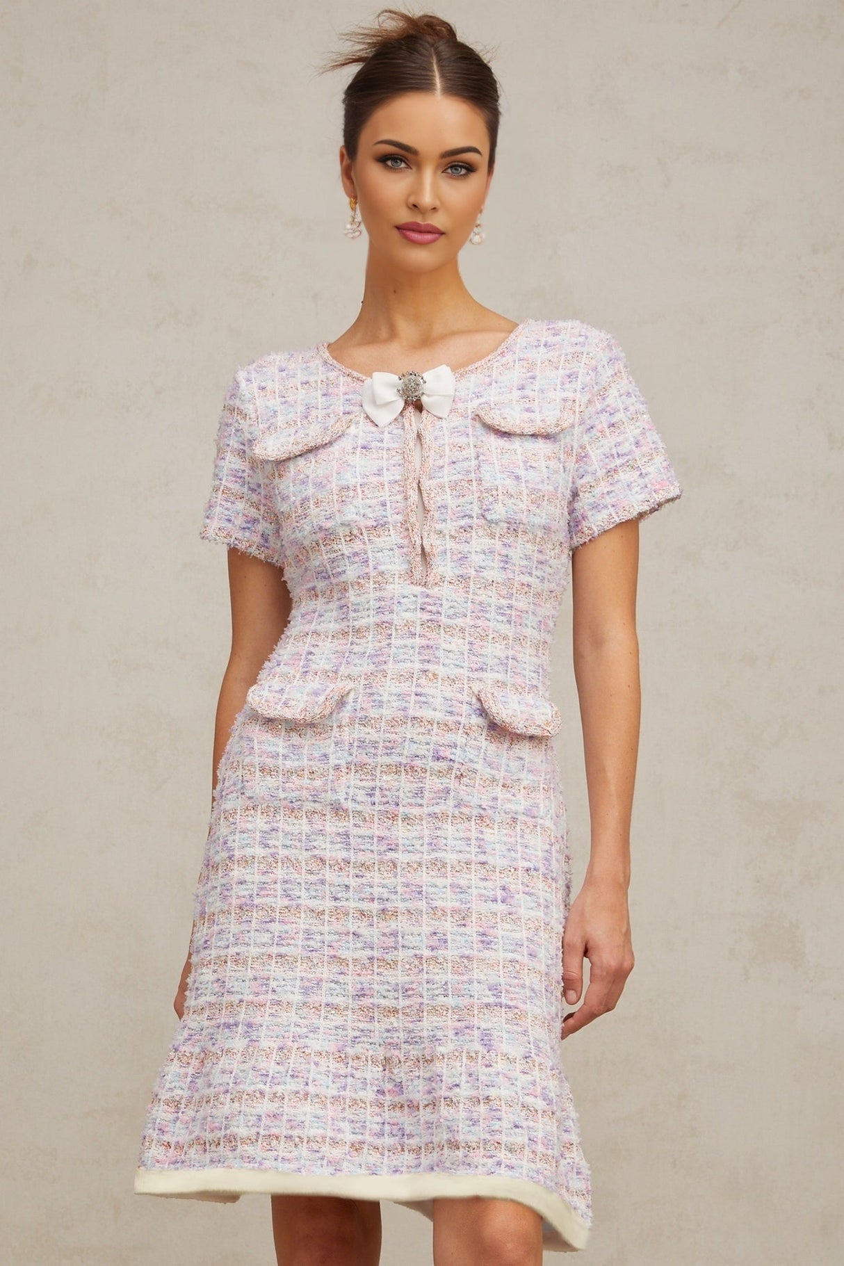 Ashley Midi Dress - Boucl Check Pattern - Crystal Embellishment - Patch Pockets - Flounce Hem