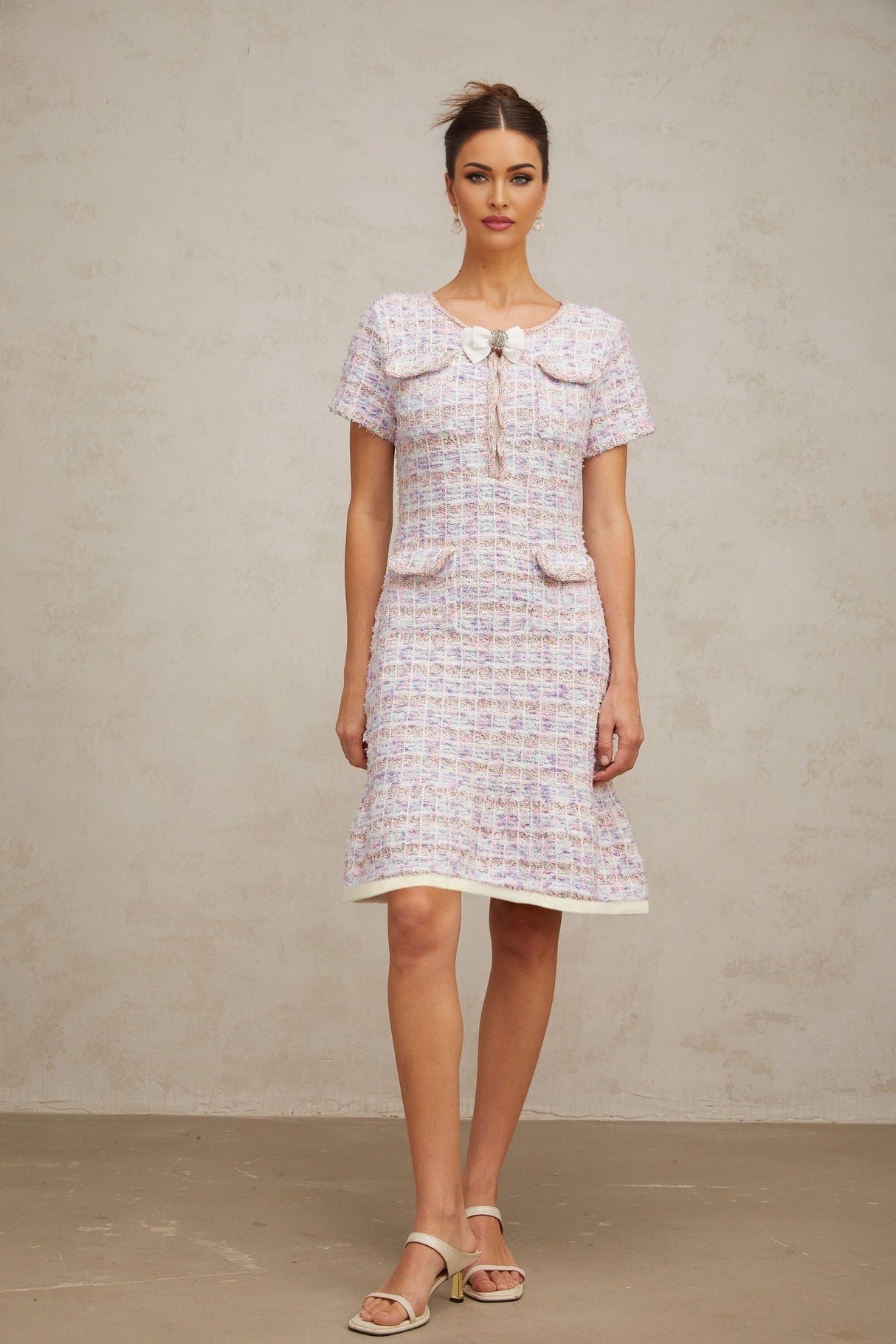 Ashley Midi Dress - Boucl Check Pattern - Crystal Embellishment - Patch Pockets - Flounce Hem