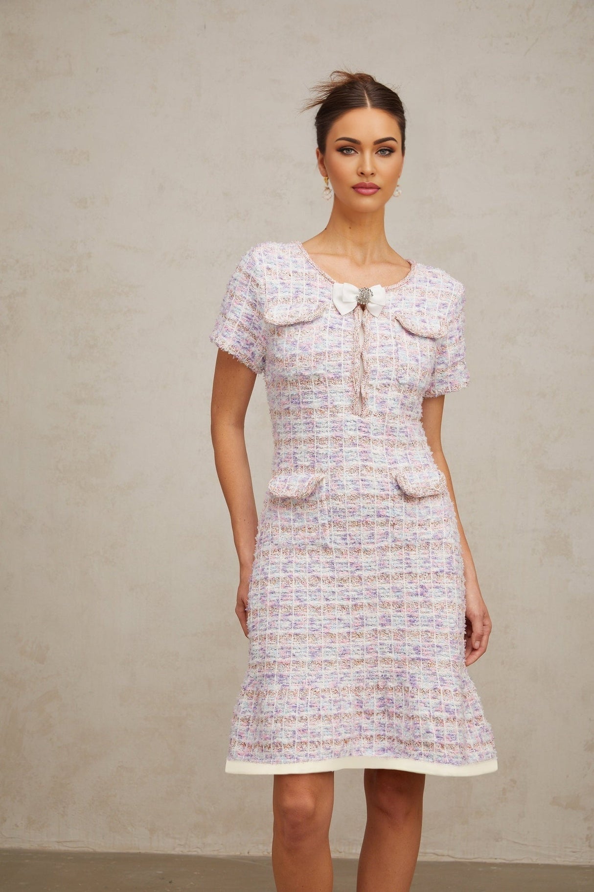 Ashley Midi Dress - Boucl Check Pattern - Crystal Embellishment - Patch Pockets - Flounce Hem