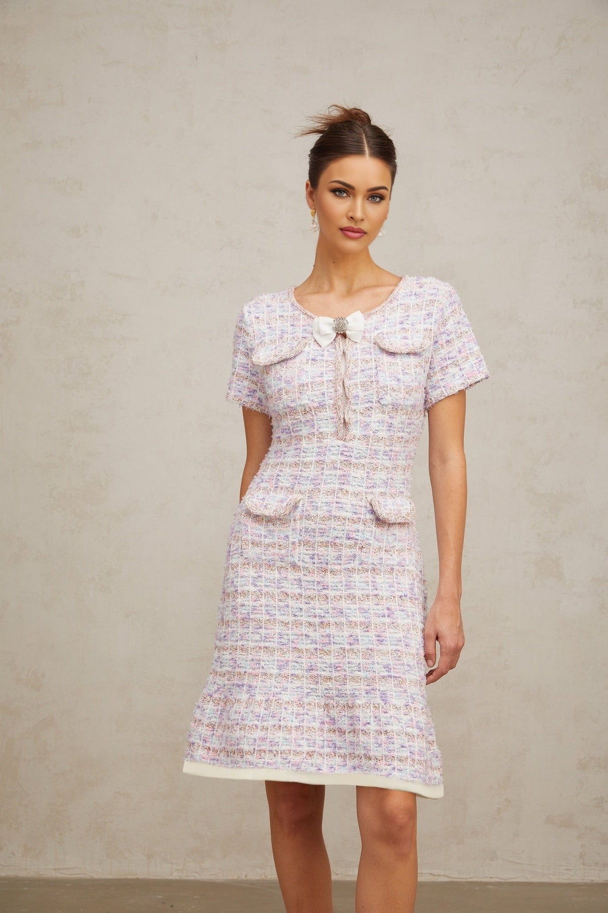 Ashley Midi Dress - Boucl Check Pattern - Crystal Embellishment - Patch Pockets - Flounce Hem