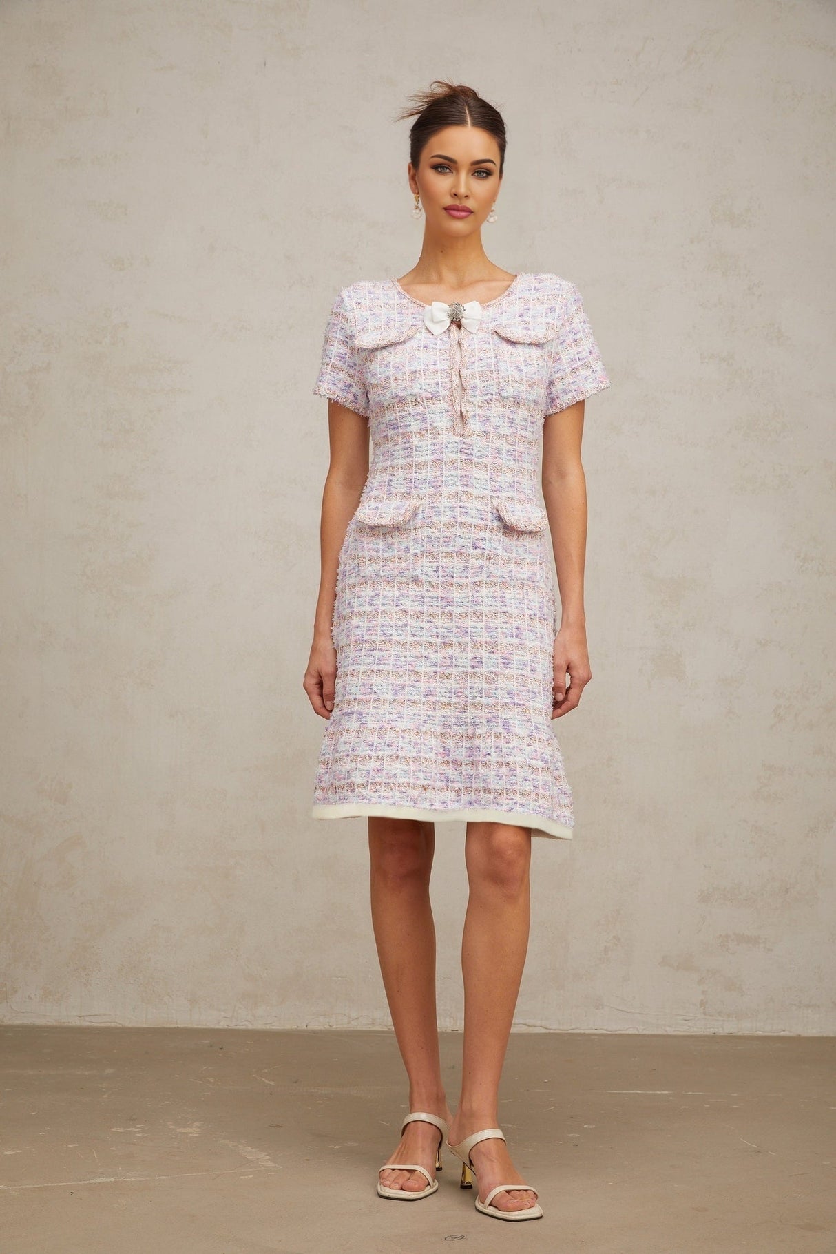 Ashley Midi Dress - Boucl Check Pattern - Crystal Embellishment - Patch Pockets - Flounce Hem