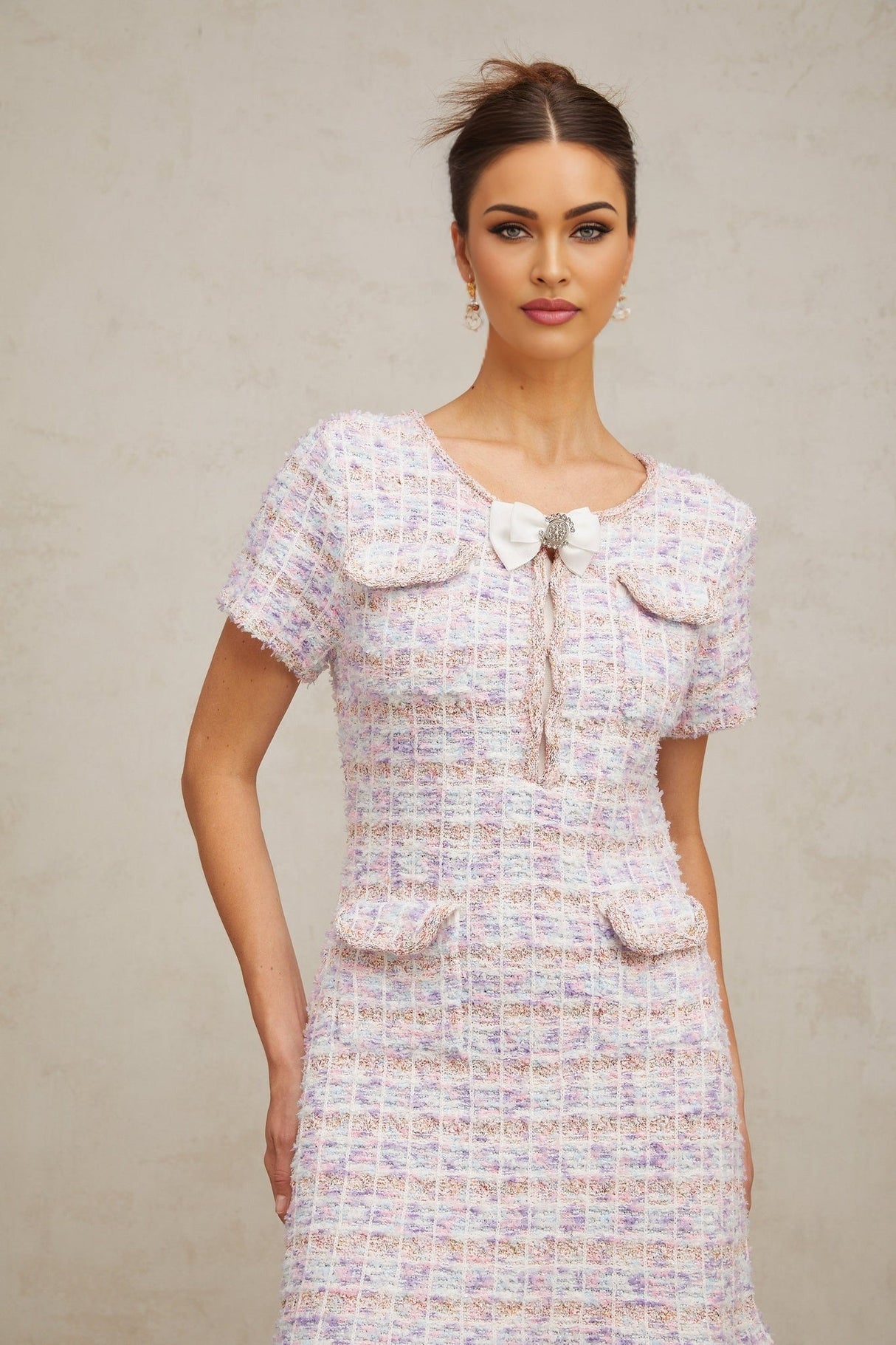 Ashley Midi Dress - Boucl Check Pattern - Crystal Embellishment - Patch Pockets - Flounce Hem