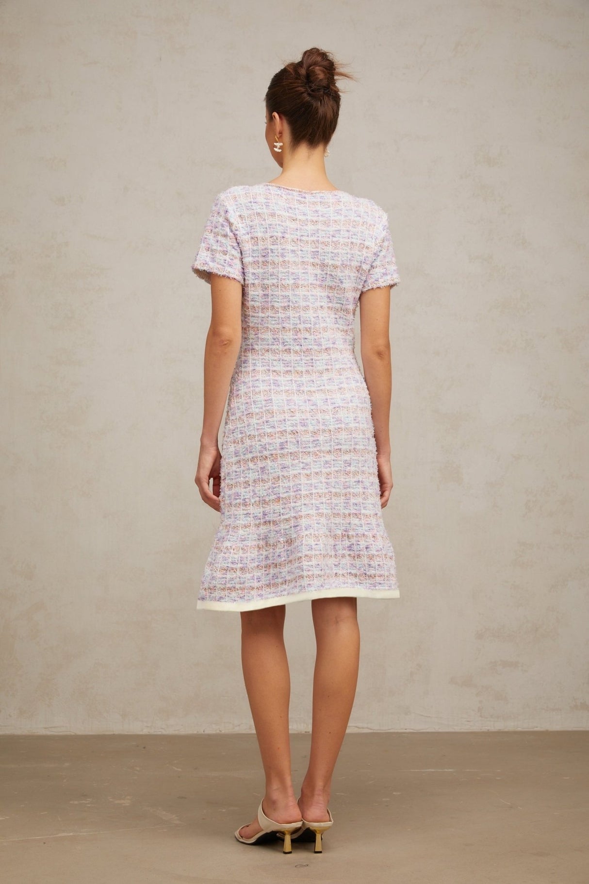 Ashley Midi Dress - Boucl Check Pattern - Crystal Embellishment - Patch Pockets - Flounce Hem