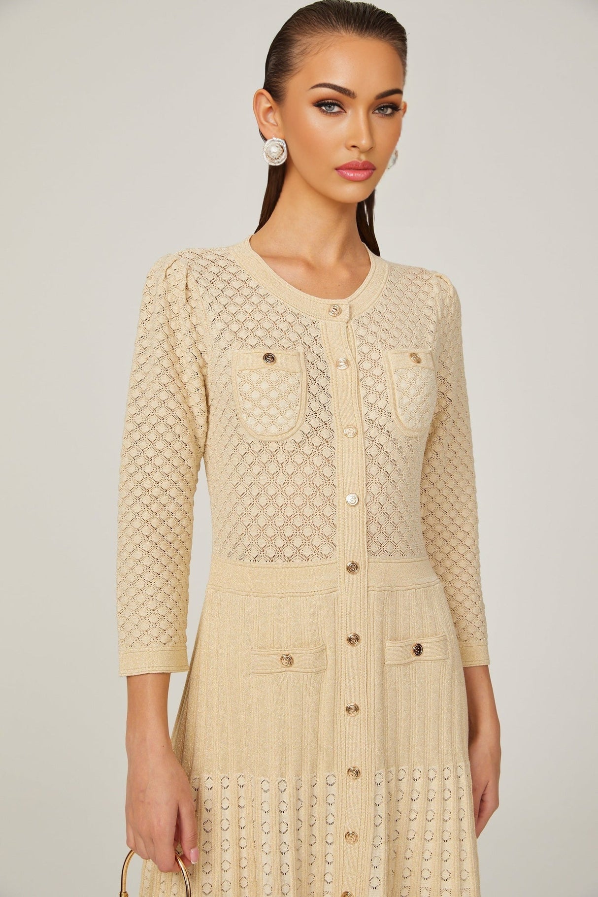 Ashley Midi Dress – Three - Quarter Sleeves – Stretch Jersey – Front Button Fastening