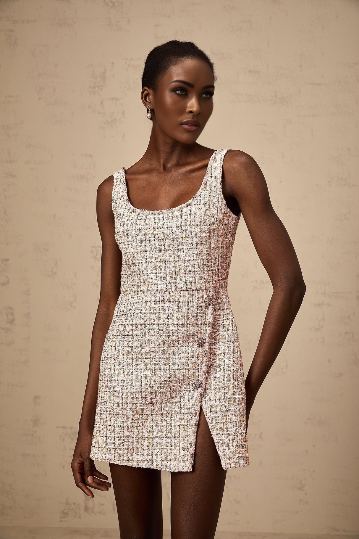 Ashley Mini Dress - Crystal Embellished - Cinched Waist - Square Neck - Side Slit