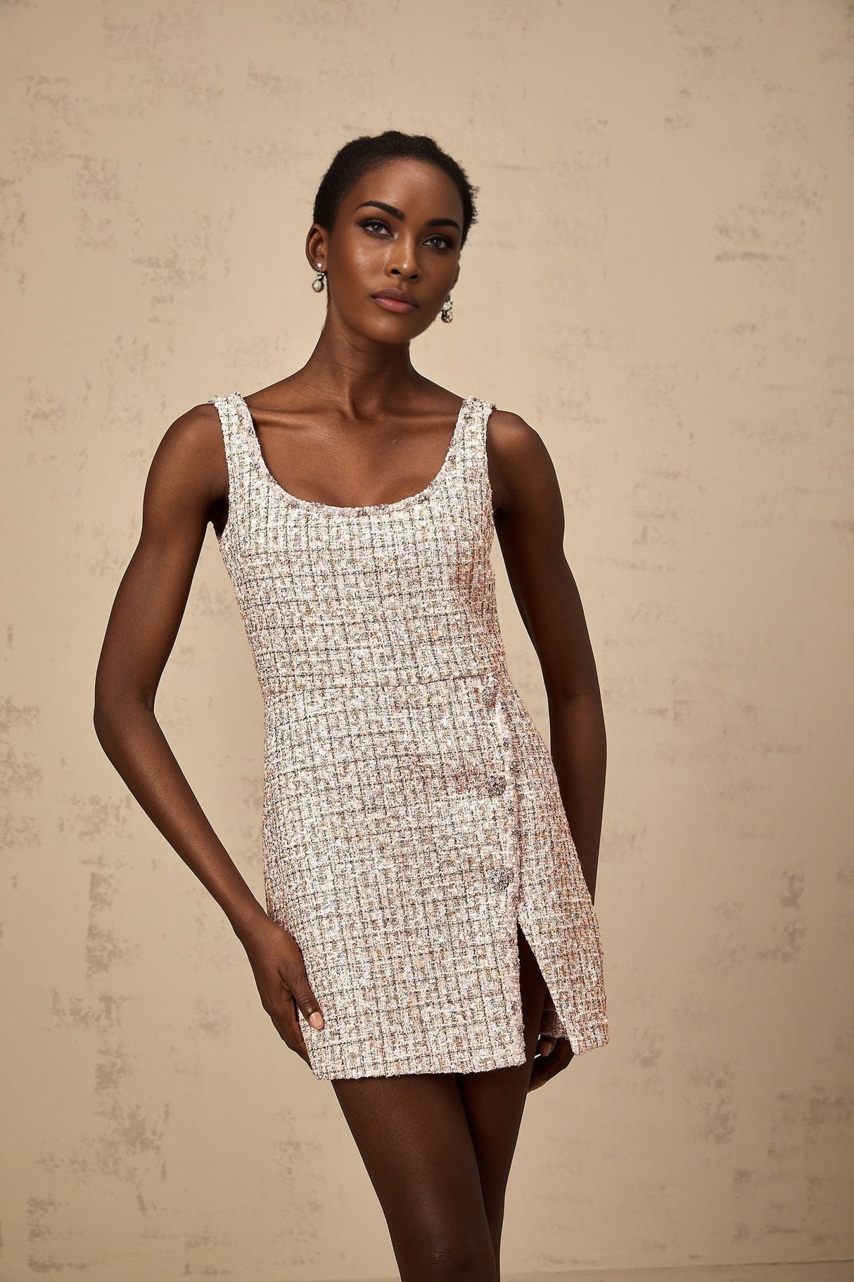 Ashley Mini Dress - Crystal Embellished - Cinched Waist - Square Neck - Side Slit