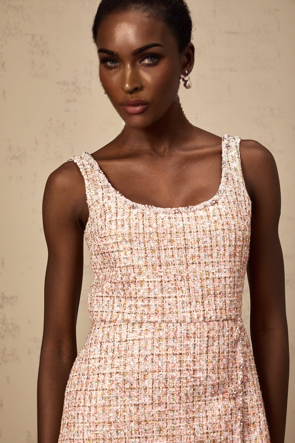 Ashley Mini Dress - Crystal Embellished - Cinched Waist - Square Neck - Side Slit