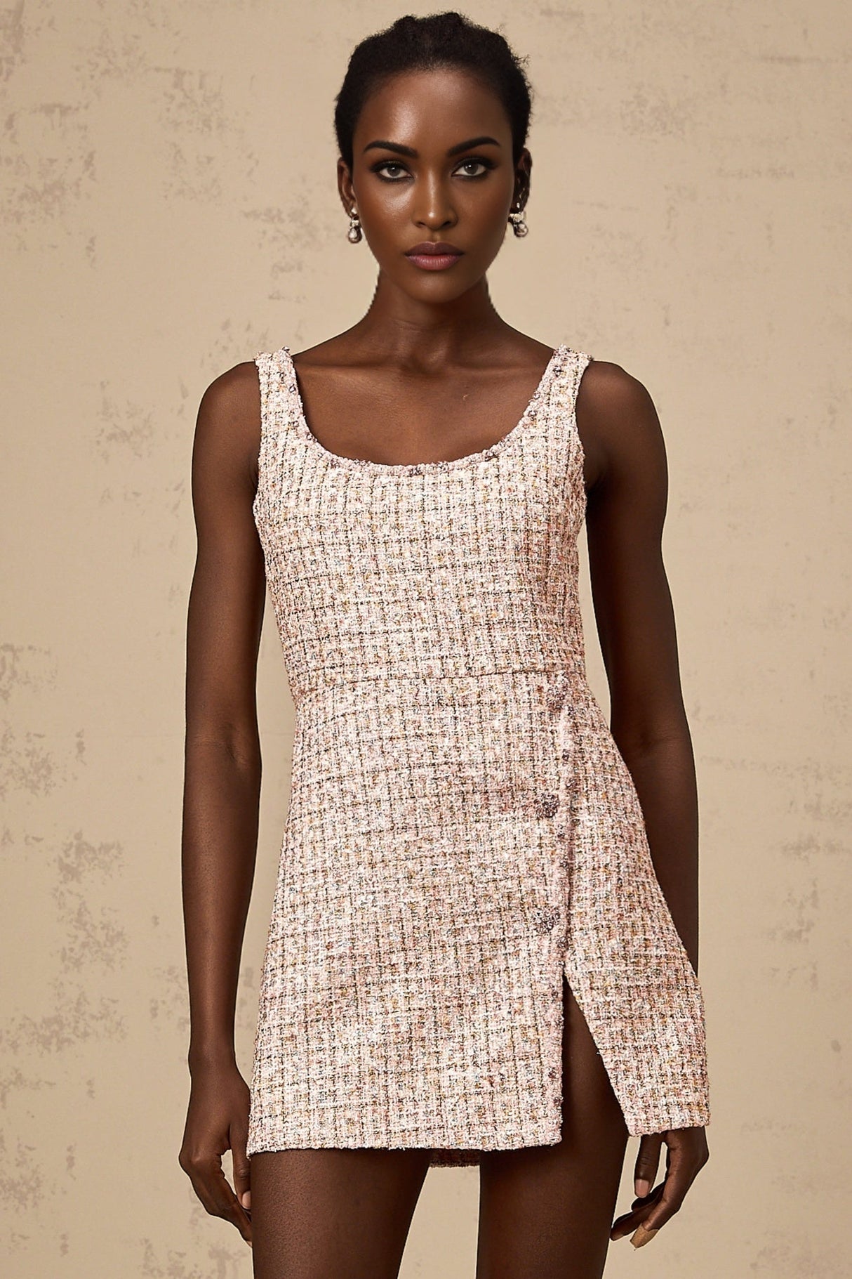 Ashley Mini Dress - Crystal Embellished - Cinched Waist - Square Neck - Side Slit