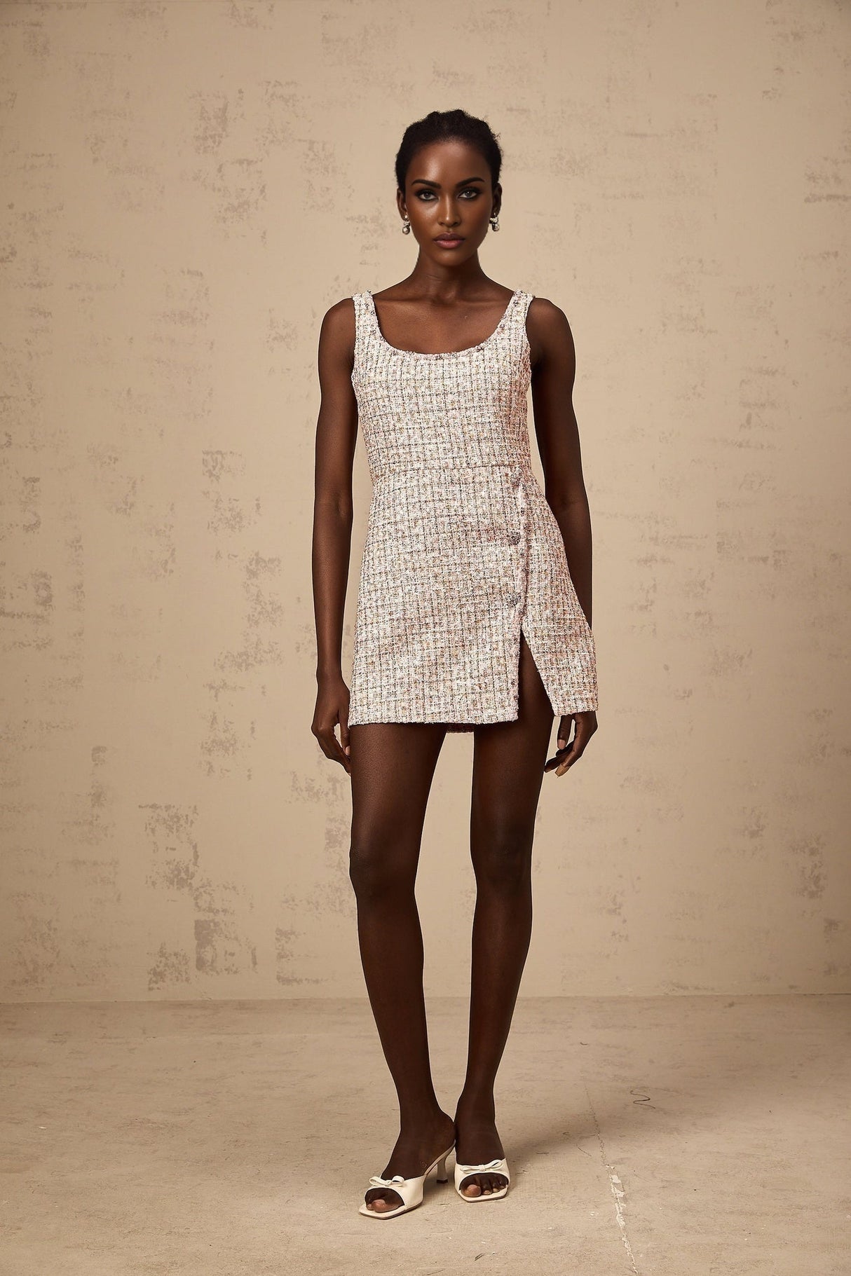 Ashley Mini Dress - Crystal Embellished - Cinched Waist - Square Neck - Side Slit