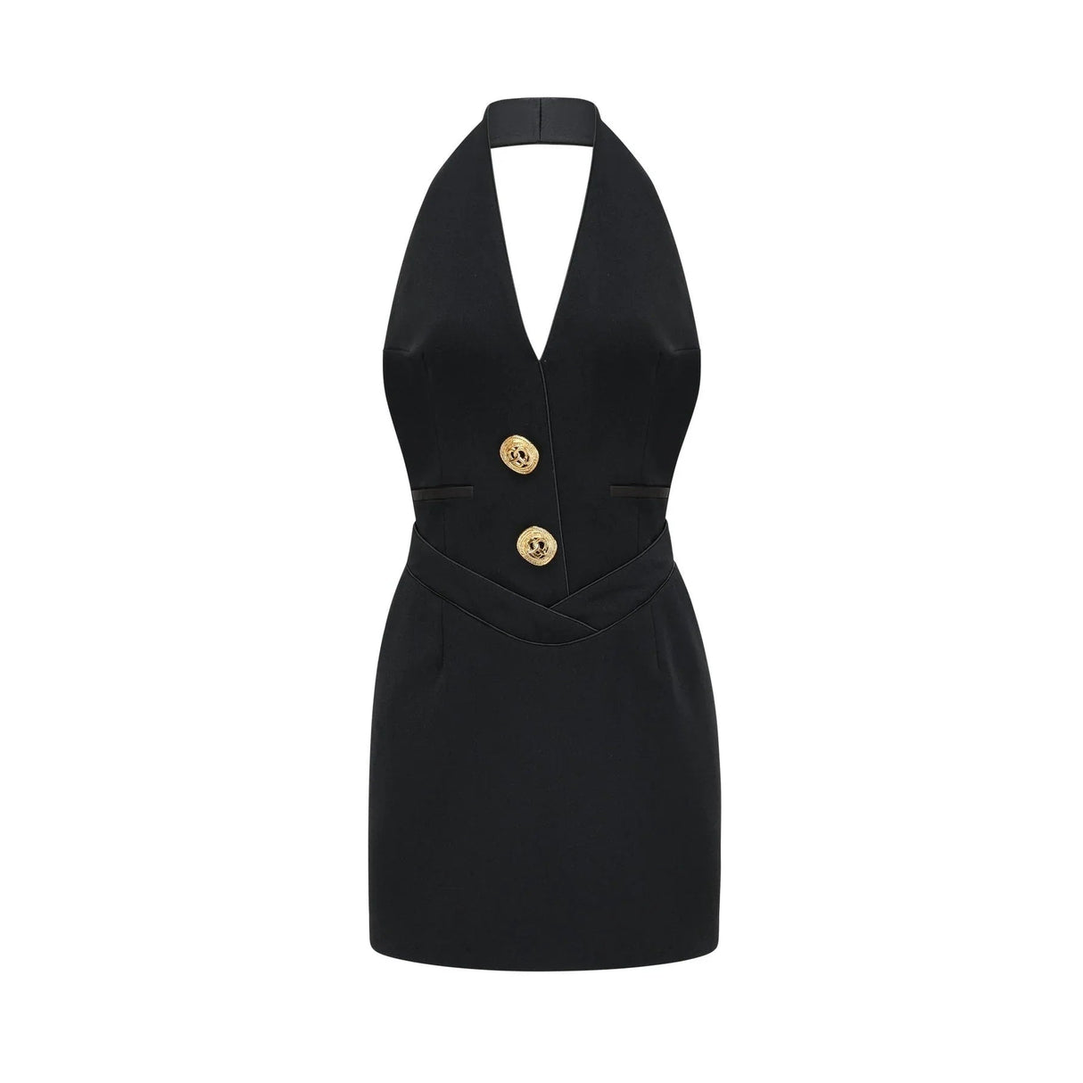 Aspen Halter Neck Mini Dress - Sleeveless - Front Button Detail - Rear Zip - Thigh Length